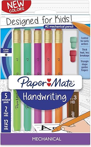 Paper Mate Juego de lápices mecánicos triangulares de escritura a mano con recambios de plomo y borrador, 0.051 in, colores divertidos de barril, 8