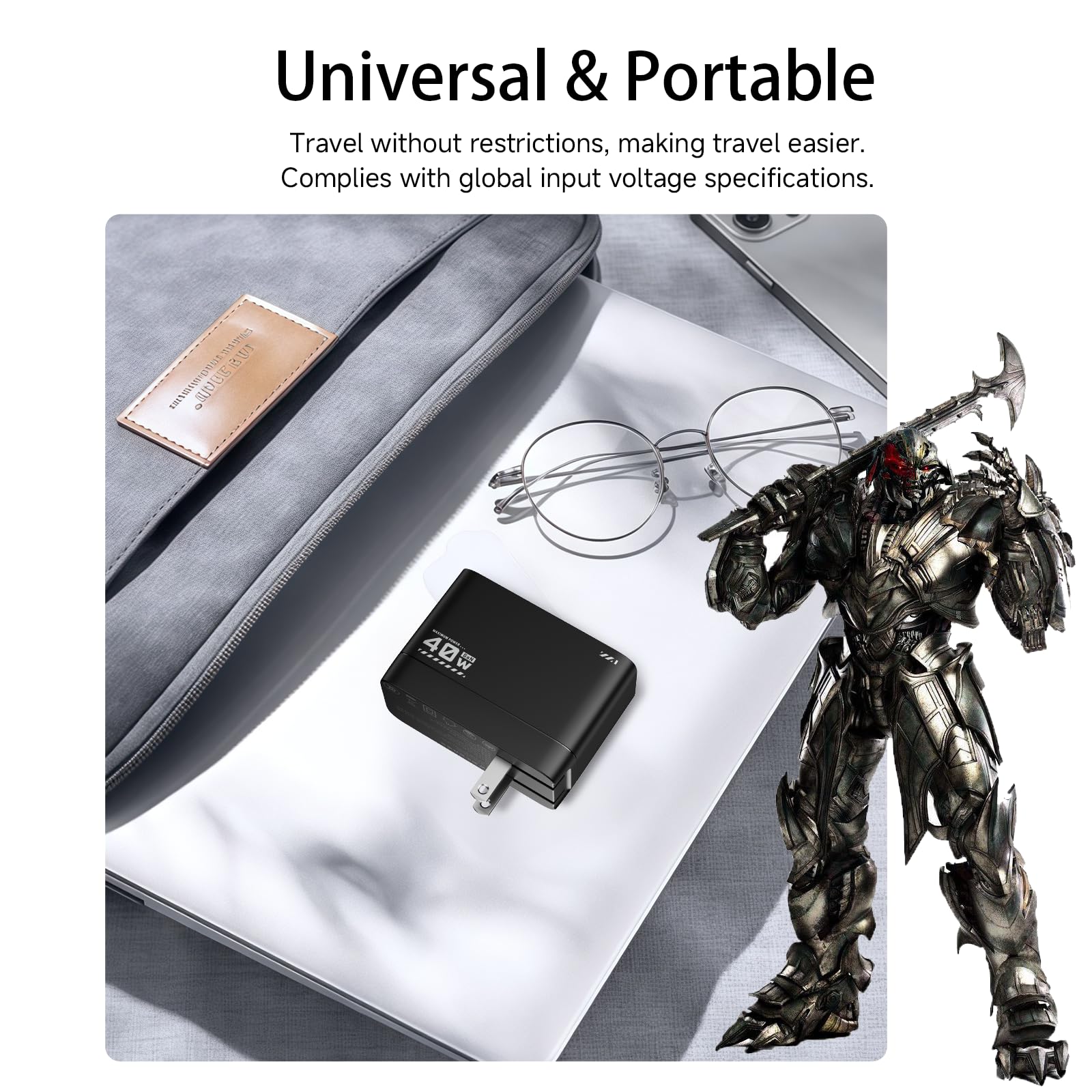 Transformers StarSaber TF-S01 - Cargador rápido USB-C de 40 W GaN con cable retráctil de 32 pulgadas, cargador de pared compacto dual USB-C (20 W + 12 W) para iPhone, Samsung, Google Pixel, iPad AC