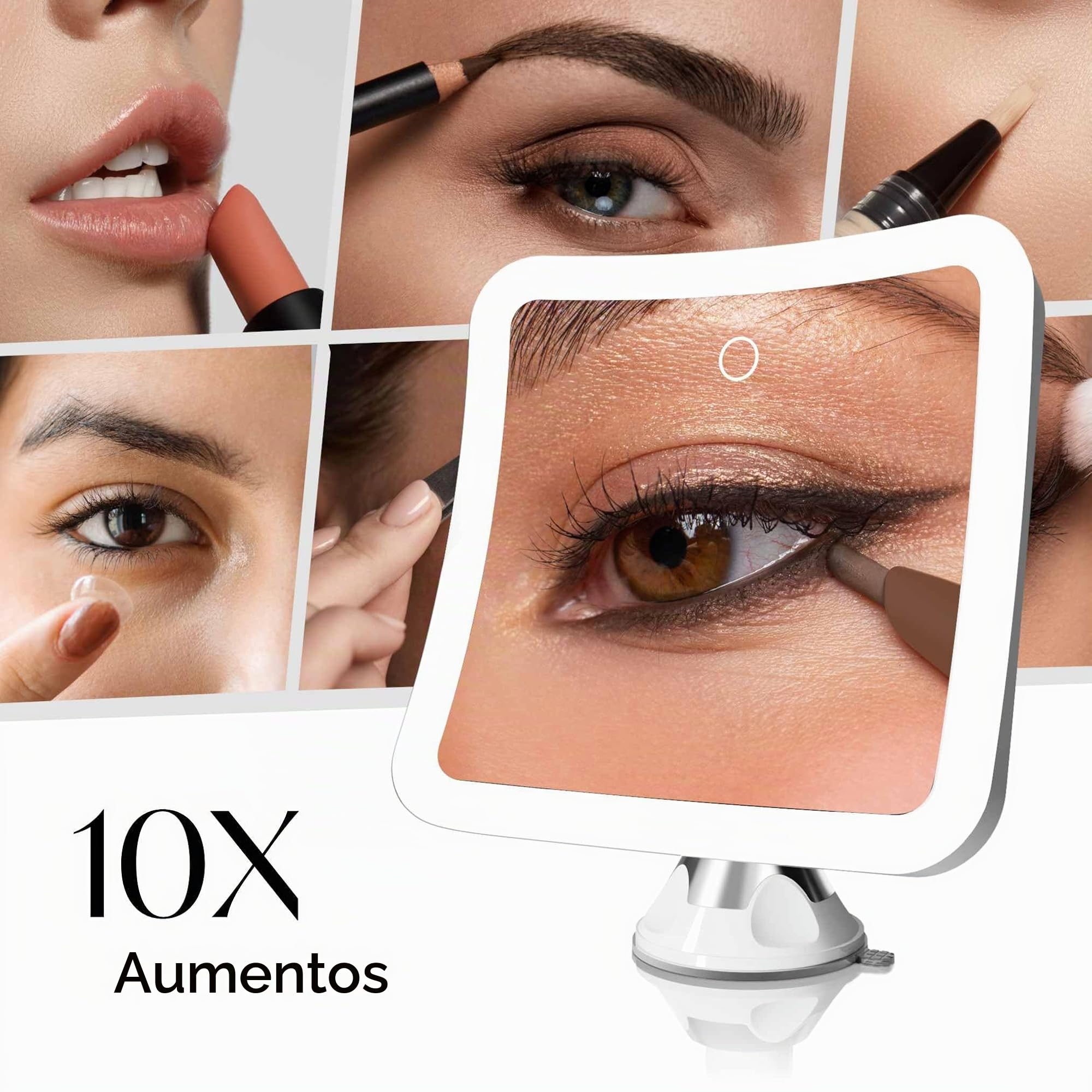 Fancii Espejo de Aumento 10x Recargable para Maquillaje con 3 Configuraciones de Luz LED - Táctil Regulable, Poderoso Ventosa - Espejo Iluminado de Baño (Mira 2)