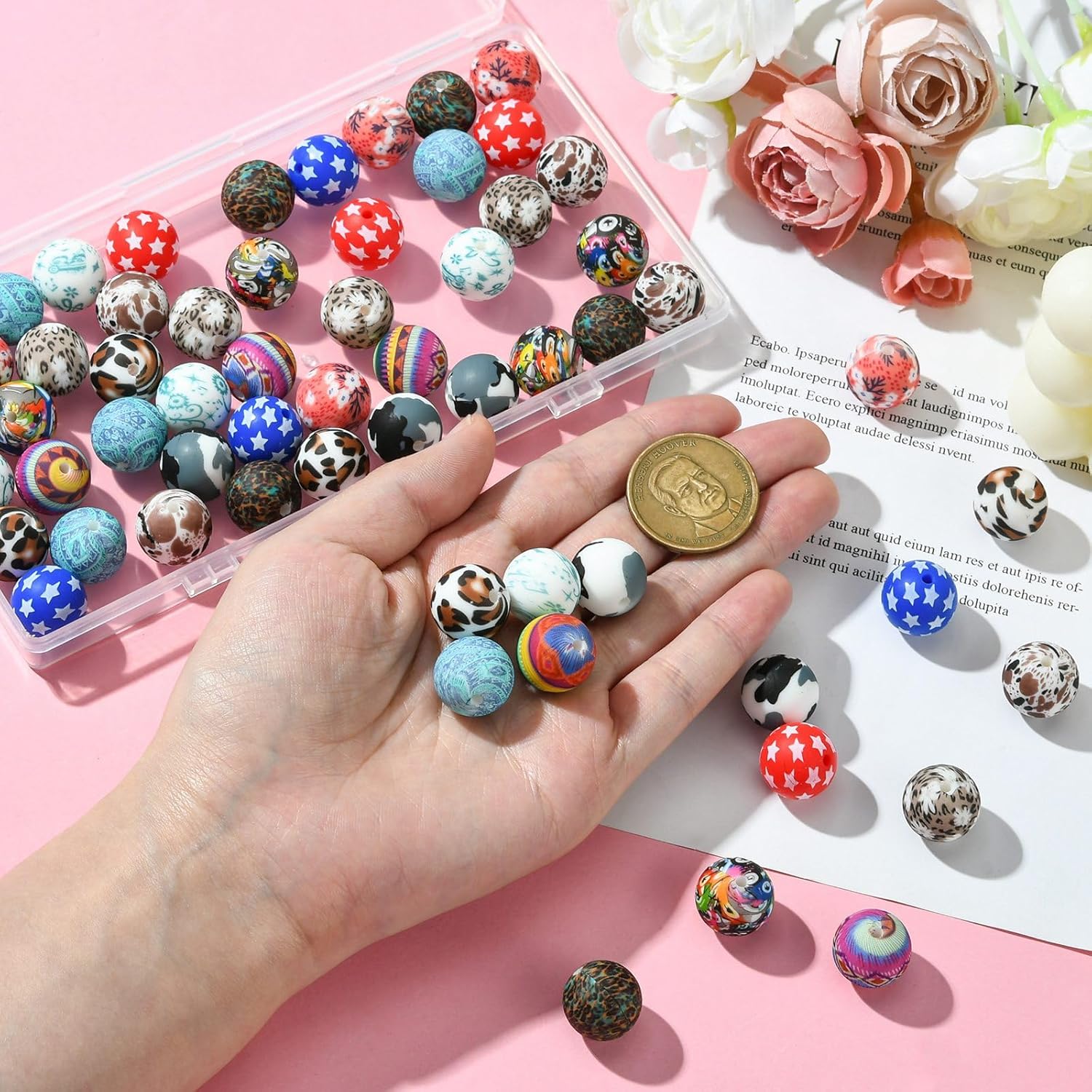 Ipotkitt 60 Pcs 12 Colors 15 mm Printed Silicone Beads Round Focal Beads Bubblegum Ball Beads for DIY Keychain Necklace Bracelet Earring Bag Jewelry Making