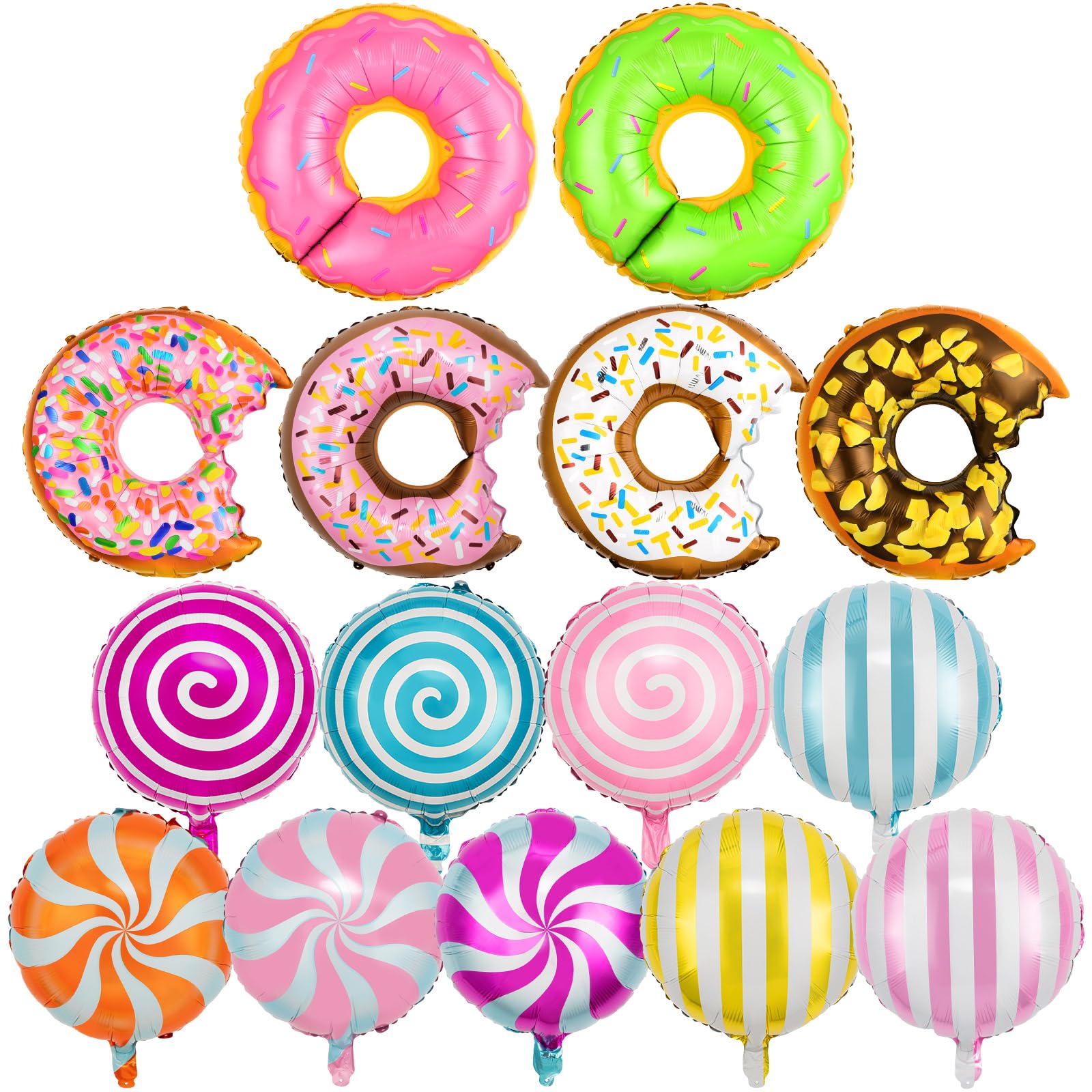 15 PCS Large Donut Foil Balloons - Multicolor Sweet Candy Mylar Balloons, Round Donut Candy Themed Party Decorations for Christmas Birthday Baby