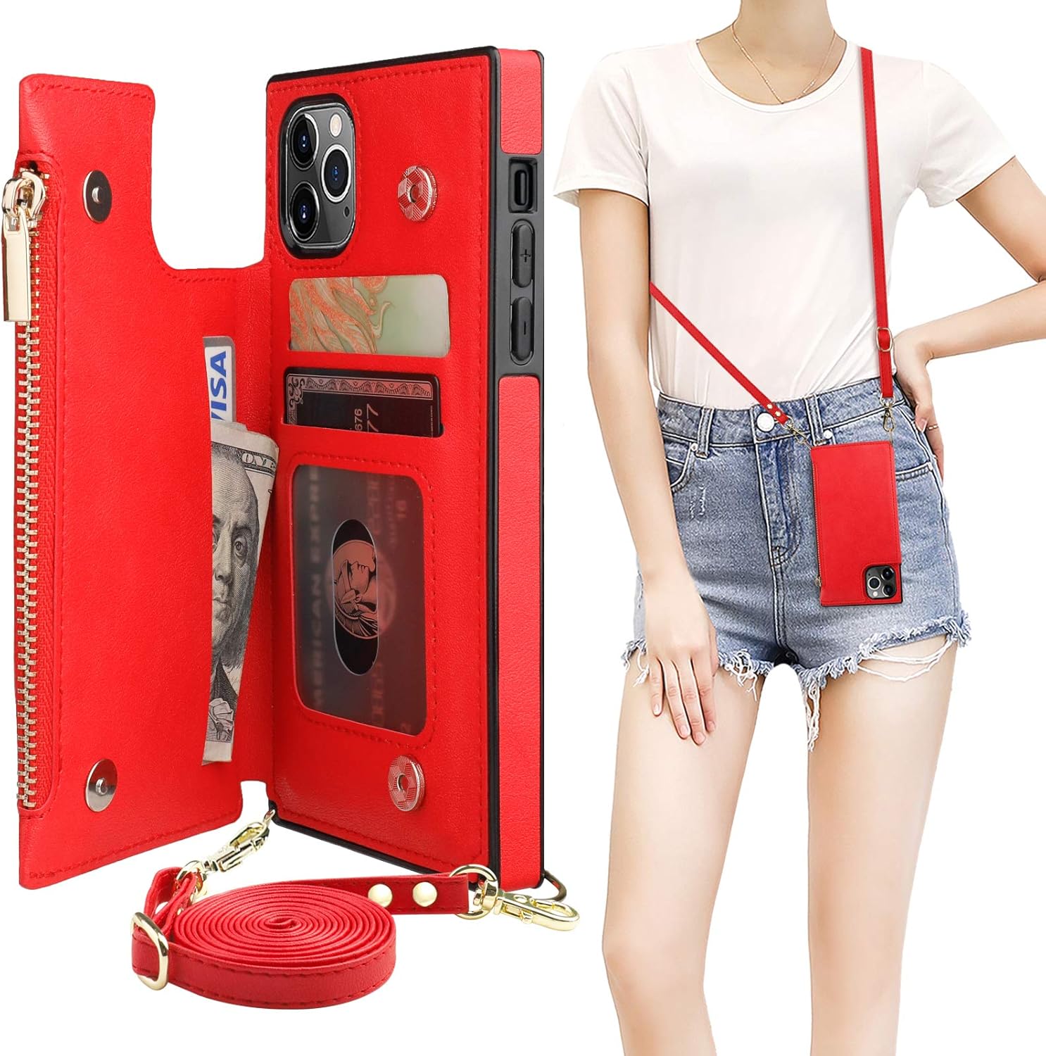 Bocasal Funda tipo cartera cruzada para iPhone 11 Pro con tarjetero, protector de ranura para tarjetas con cremallera, a prueba de golpes, con