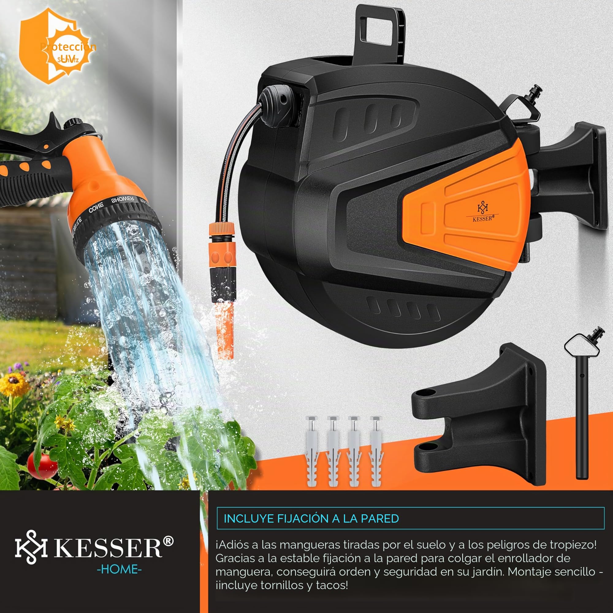 KESSER® Enrollador de mangueras Agua | Ducha de mano múltiple | Giratorio 180° | Tapón de rebobinado | Montaje en la pared | Caja de mangueras de pared | Manguera de jardín, naranja 15 M