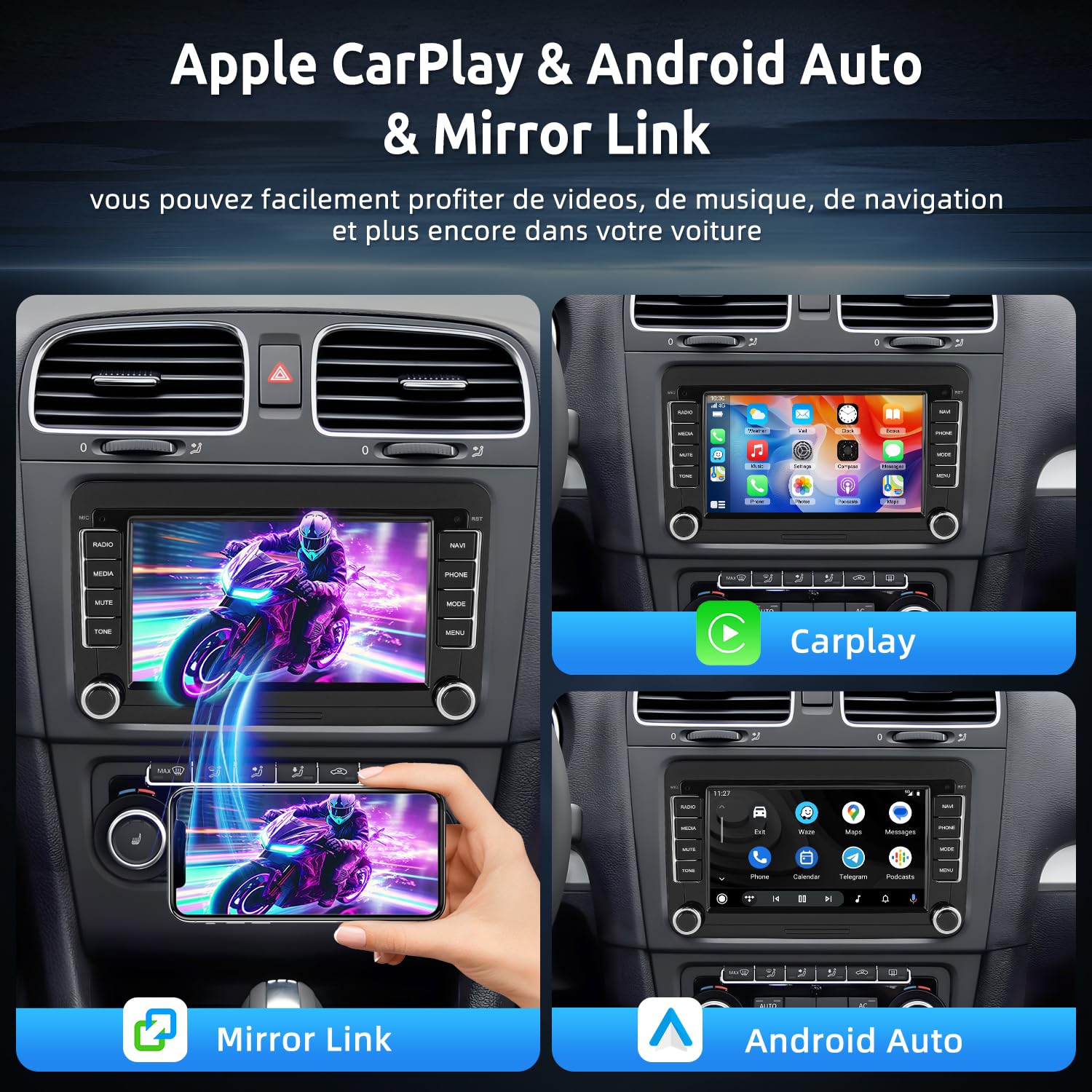 ESSGOO [4+64G] Android 15 Autoradio pour VW Golf 5/6, T5, Passat, Polo, Touran, Tiguan, Caddy, Seat, Skoda – Écran Tactile 7" avec CarPlay/Android Auto sans Fil, Plug & Play, GPS Navi, Bluetooth, DSP