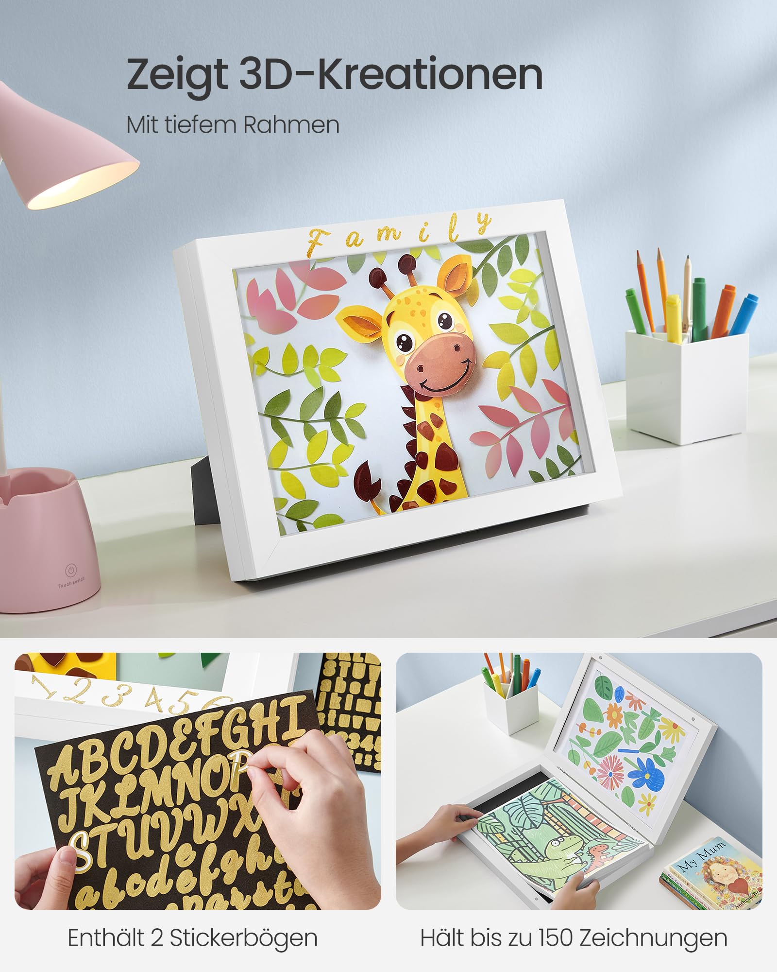 SONGMICS Bilderrahmen 2er Set, A4, 22 x 28 cm, Kinderauszeichnungen, jede Box für bis zu 150 Zeichnungen, MDF, Glas, Passepartout, Sticker, spurlose Wandhaken, 34,5 x 25,5 cm, mattweiß RPF052W02