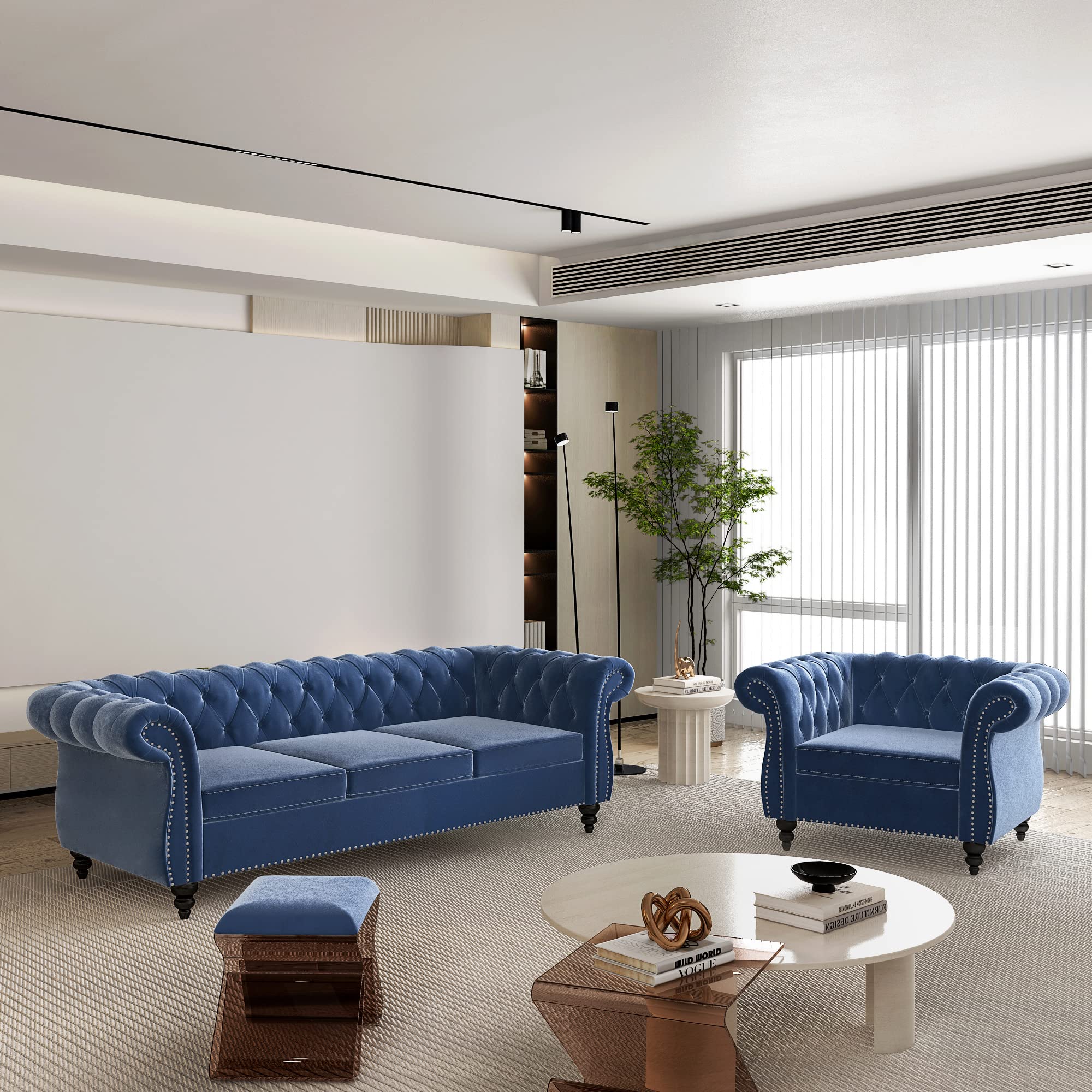 ORRD 2 Pieces Living Room Set, Velvet Couch Chesterfield Sofa Couch Chair with Scroll Arms and Nailhead for Living Room, Office (Blue)
