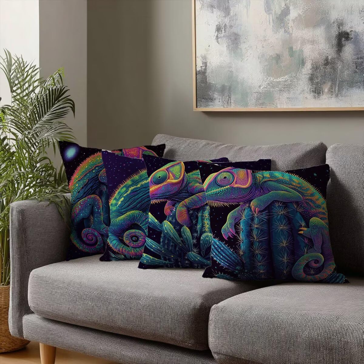 Kissenbezug Grün, Sofakissen 55x55 4er Set, Weich Samt Dekokissen Kissenbezüge Wetterfest, Pillow Case für Deko Kissen, Zierkissen Polsterbezug für Wohnzimmer, Geschenke für Frauen, Eidechse F-28
