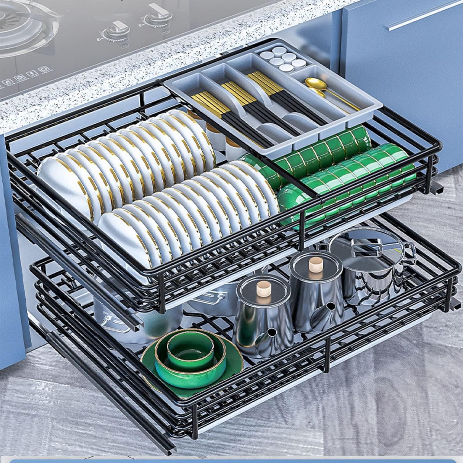 IMPREC Slide Pull Out Drawers, Double Tier Roll Out Wire Basket Drawers Kitchen Cabinet Slide Out Storage Pot And Pan For Kitchen (Color : Noir, Size : 750)
