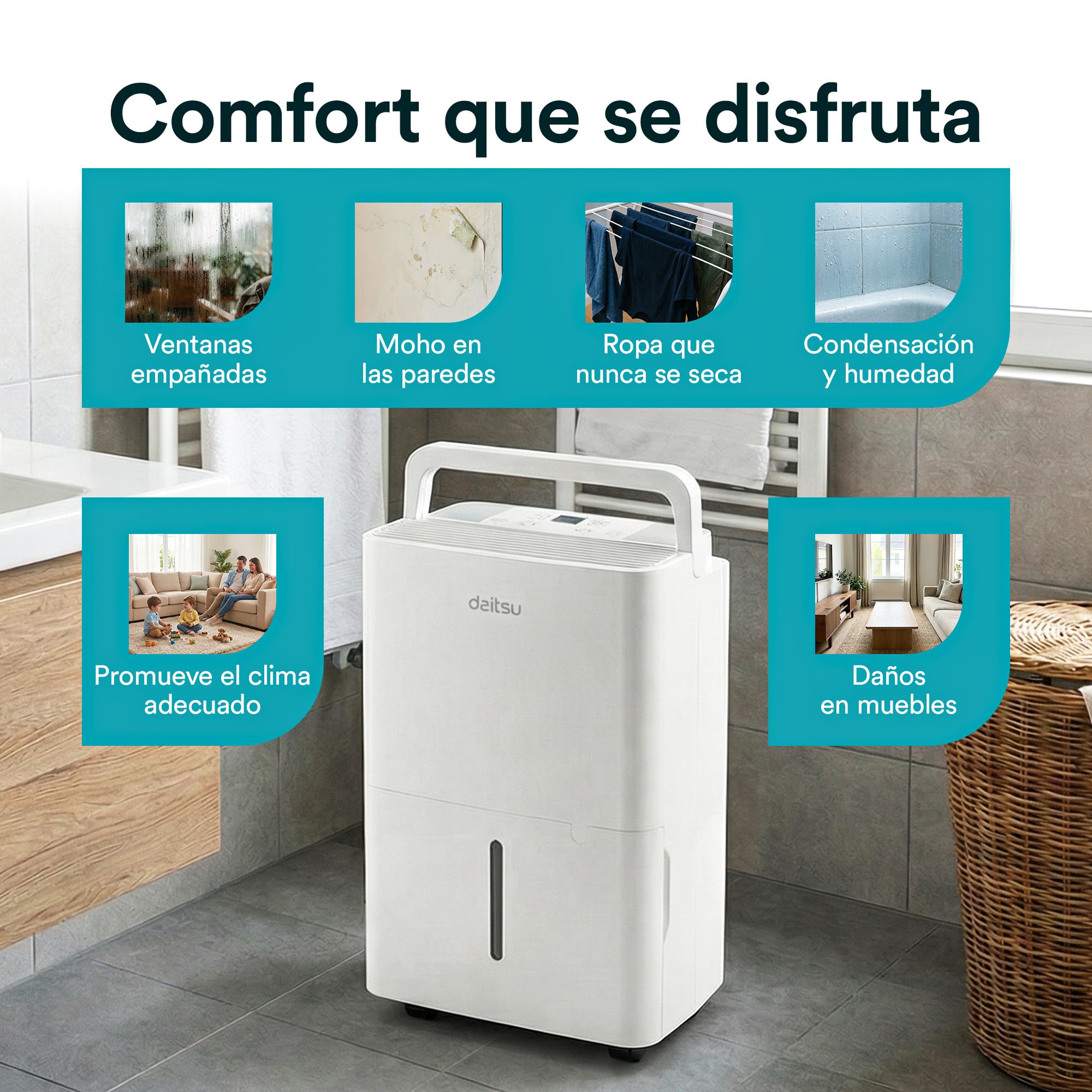 Daitsu Deshumidificador de Humedad 12L Silencioso | Modo Secado de Ropa | Control Automático de Humedad | Diseño Compacto y Bajo Consumo | Ideal para Hogar y Oficina | Eficiencia Energética Clase A