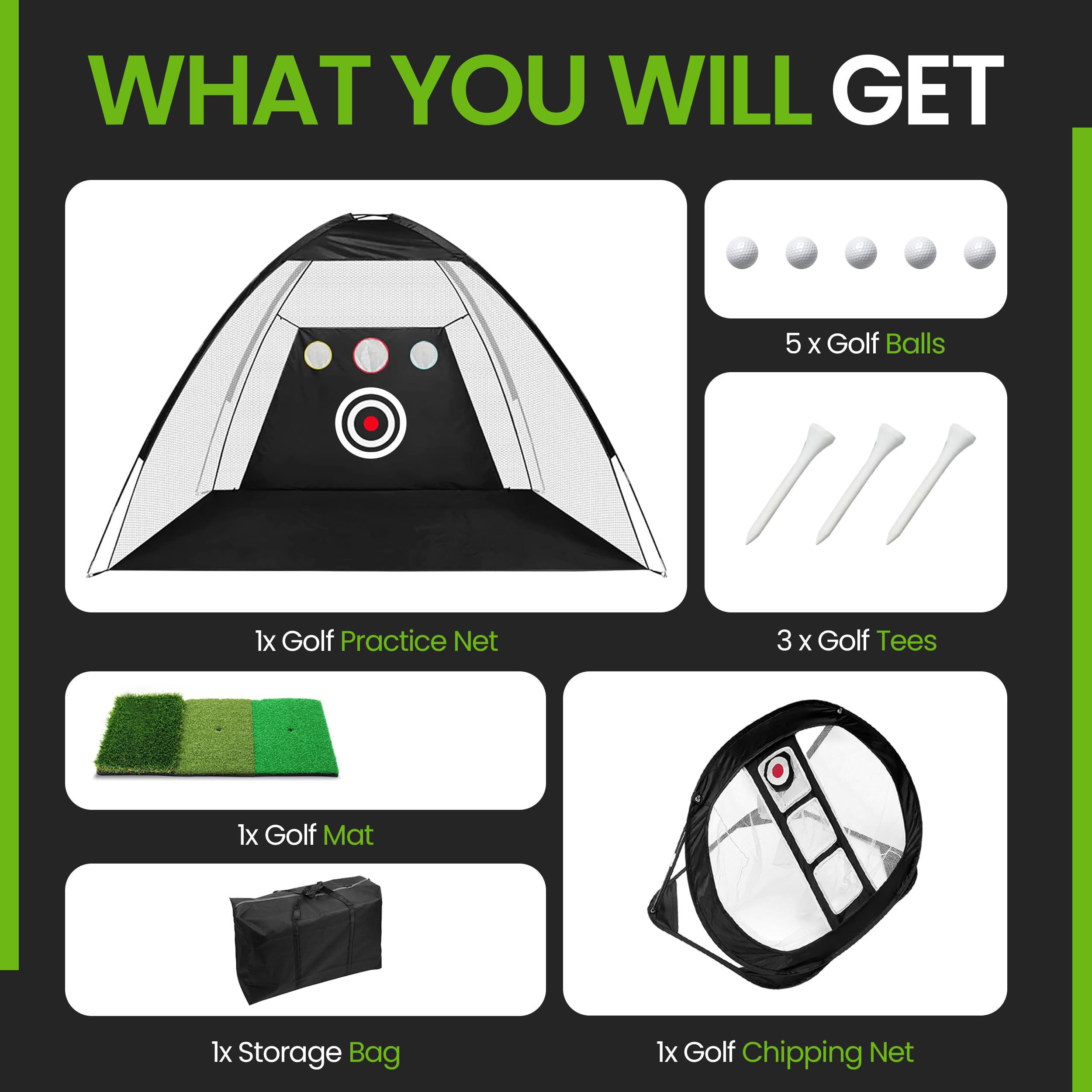 Golf Hitting Net 10x7 FT - All-in-One Golf Training Set with Backyard & Chipping Net, Mat, Balls, Tees - Indoor/Outdoor Golf Practice Equipment for All Skill Levels