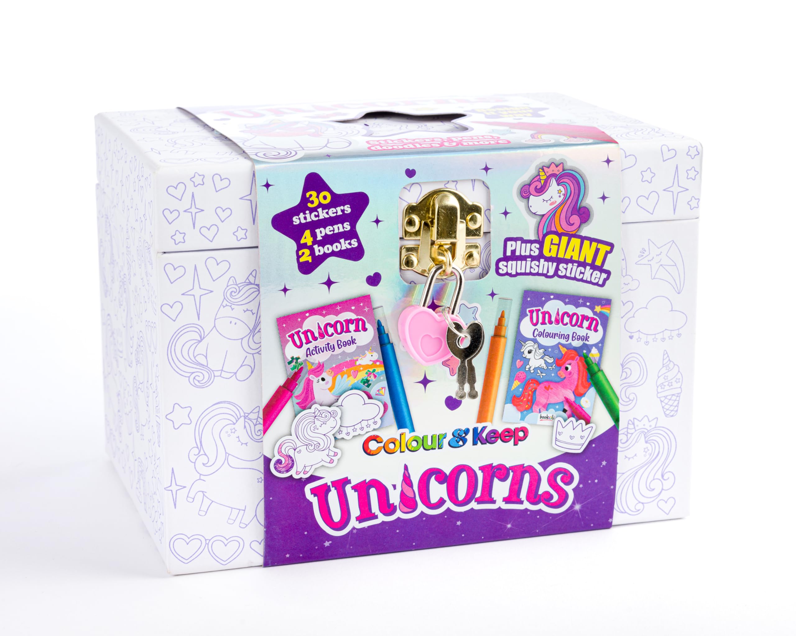 Bookoli, Colour and Keep Unicorn Activity Box, Colouring Kit with 2 Activity Books, 4 Mini Felt-Tip Pens, 30 Stickers