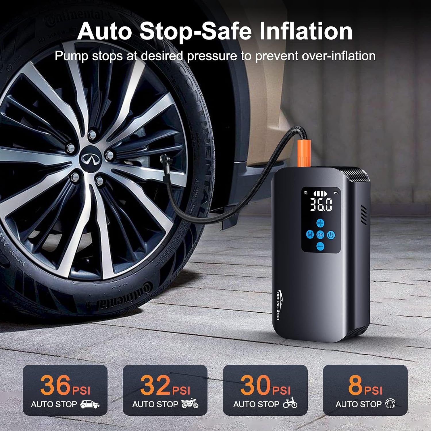 Nulksen TC15 connected to a car tire, showing auto-stop at 36 PSI