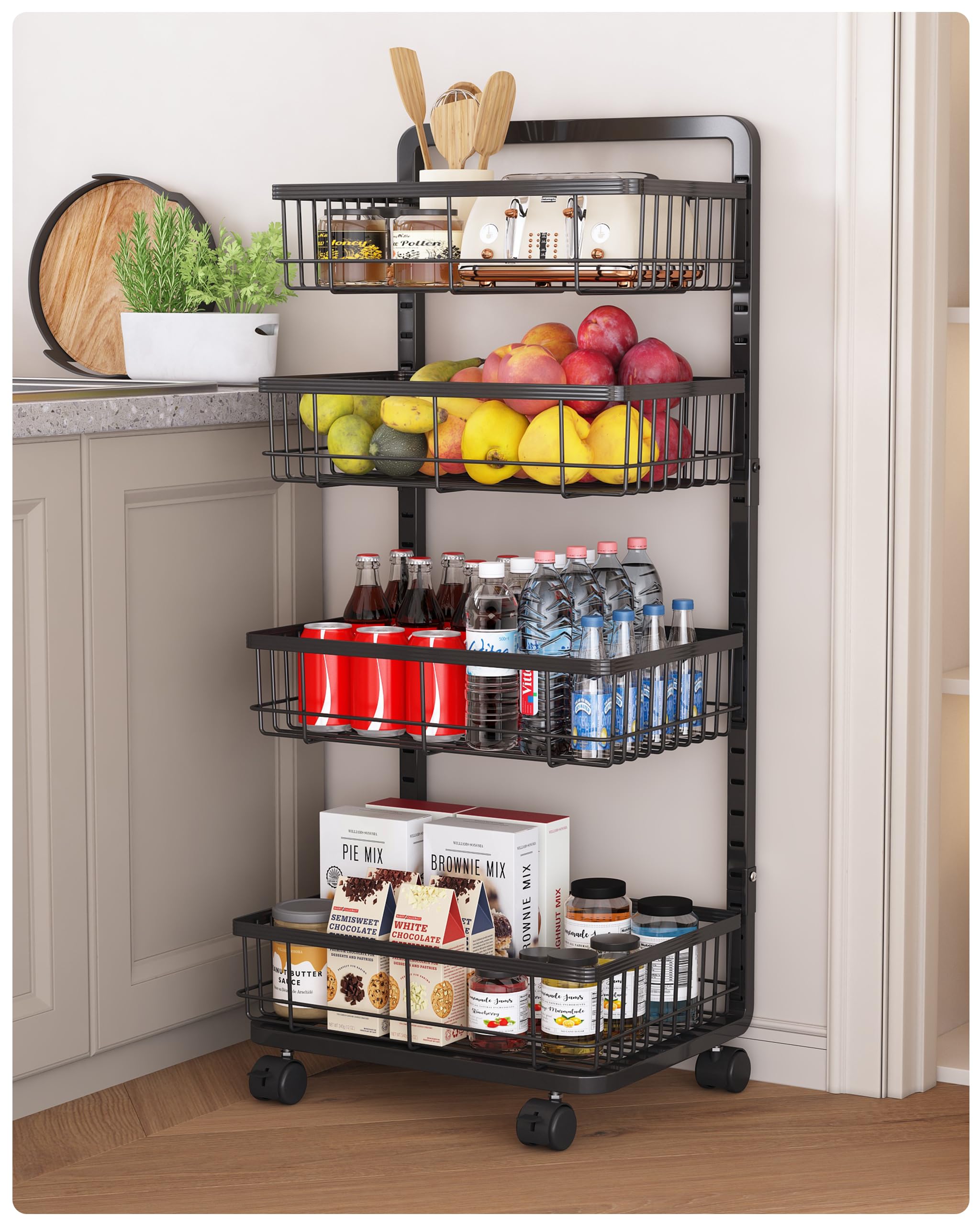 UMDONX 4-Tier Kitchen Storage Cart Metal Snack Cart Adjustable Fruit Basket on Wheels Stand Baskets for Potato Onion Produce Black
