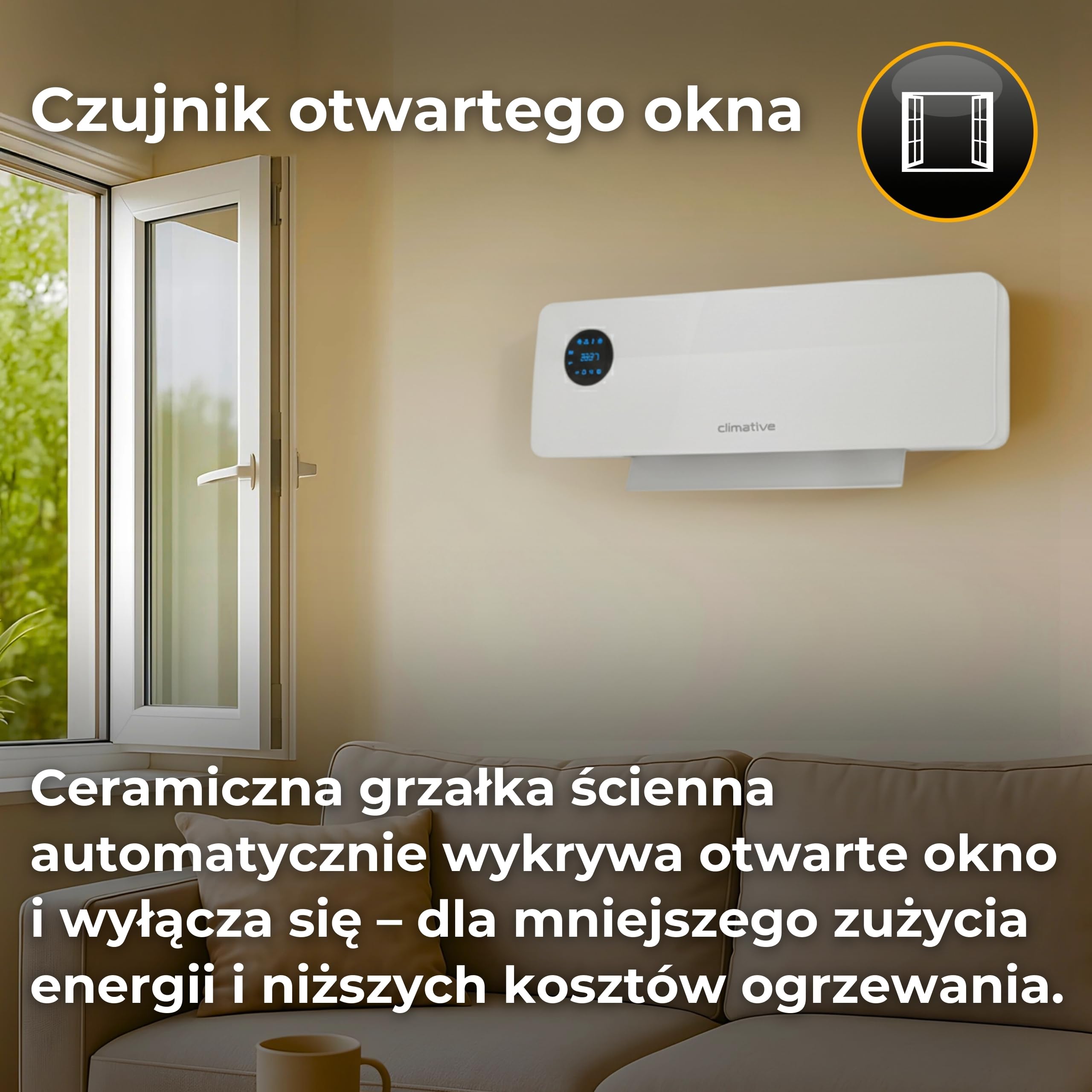 SwingAir 2000W biały wentylator ścienny – elektryczna ceram. nagrzewnica z oscylacją, LED, timer 24h, grzejnik łazienkowy, ścienna ogrzewnica