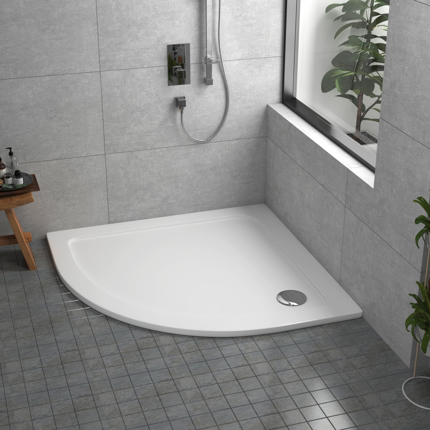 Bathroom 700 x 700mm Shower Tray Gloss White Slimline 30mm Stone Resin Quadrant Base with Free Waste Trap Kit