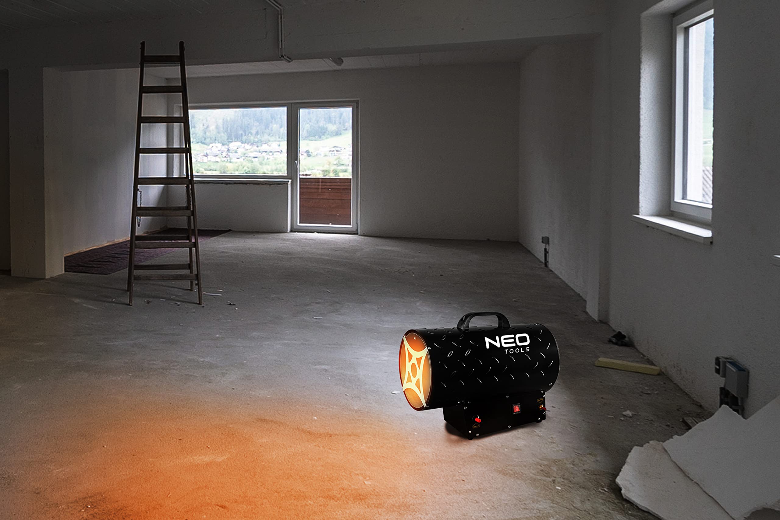 NEO TOOLS Calentador de gas de 30 kW; encendido piezoeléctrico; protección contra sobrecalentamiento y fugas de gas; independiente; regulador de presi