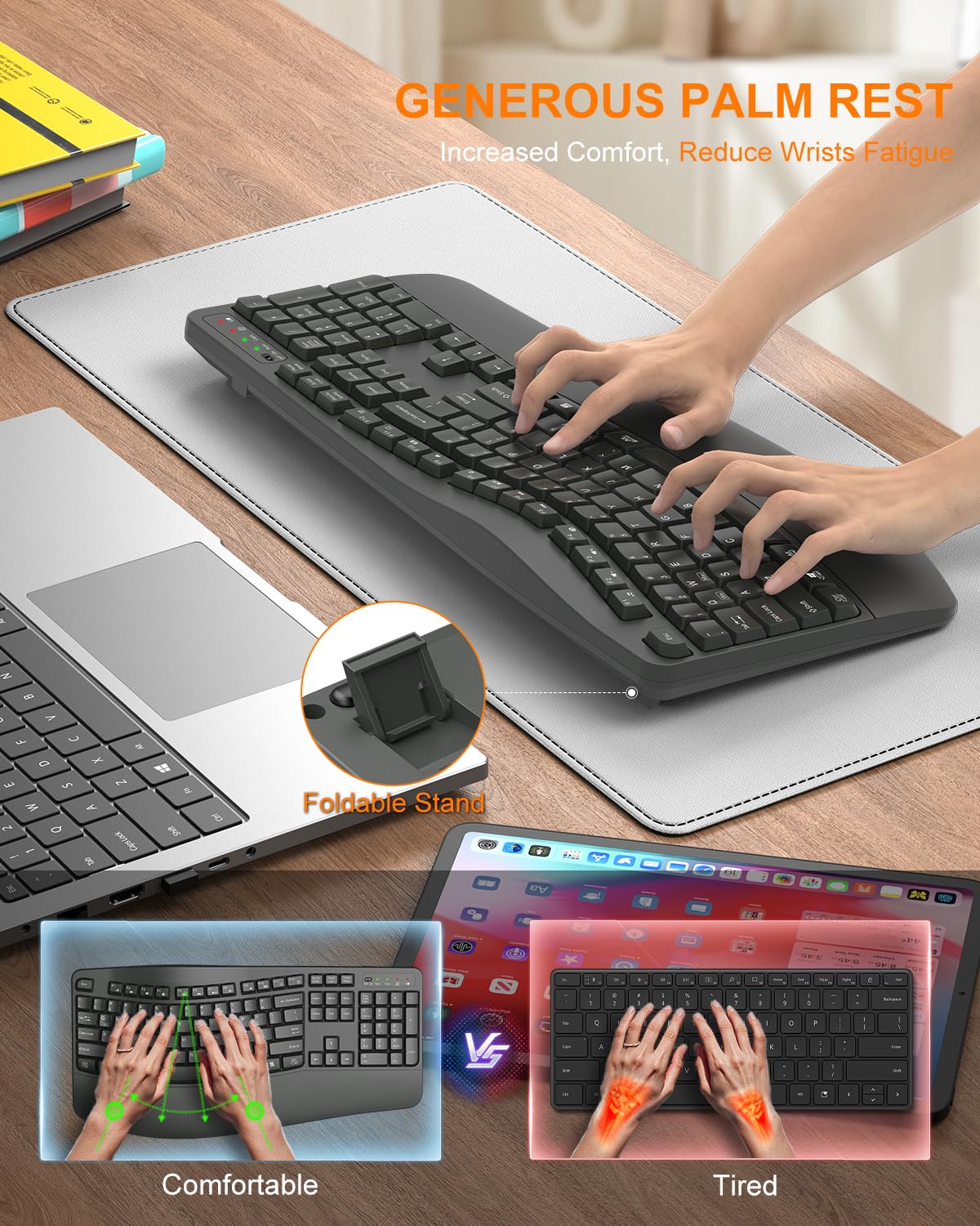 EDJO Tastiera ergonomica senza fili con poggiapolsi, tasti Wave, per mani grandi, 2,4 GHz, tastiera per computer Ergo cordless USB, comoda digitazione naturale, per laptop, Mac, Windows (grigio)
