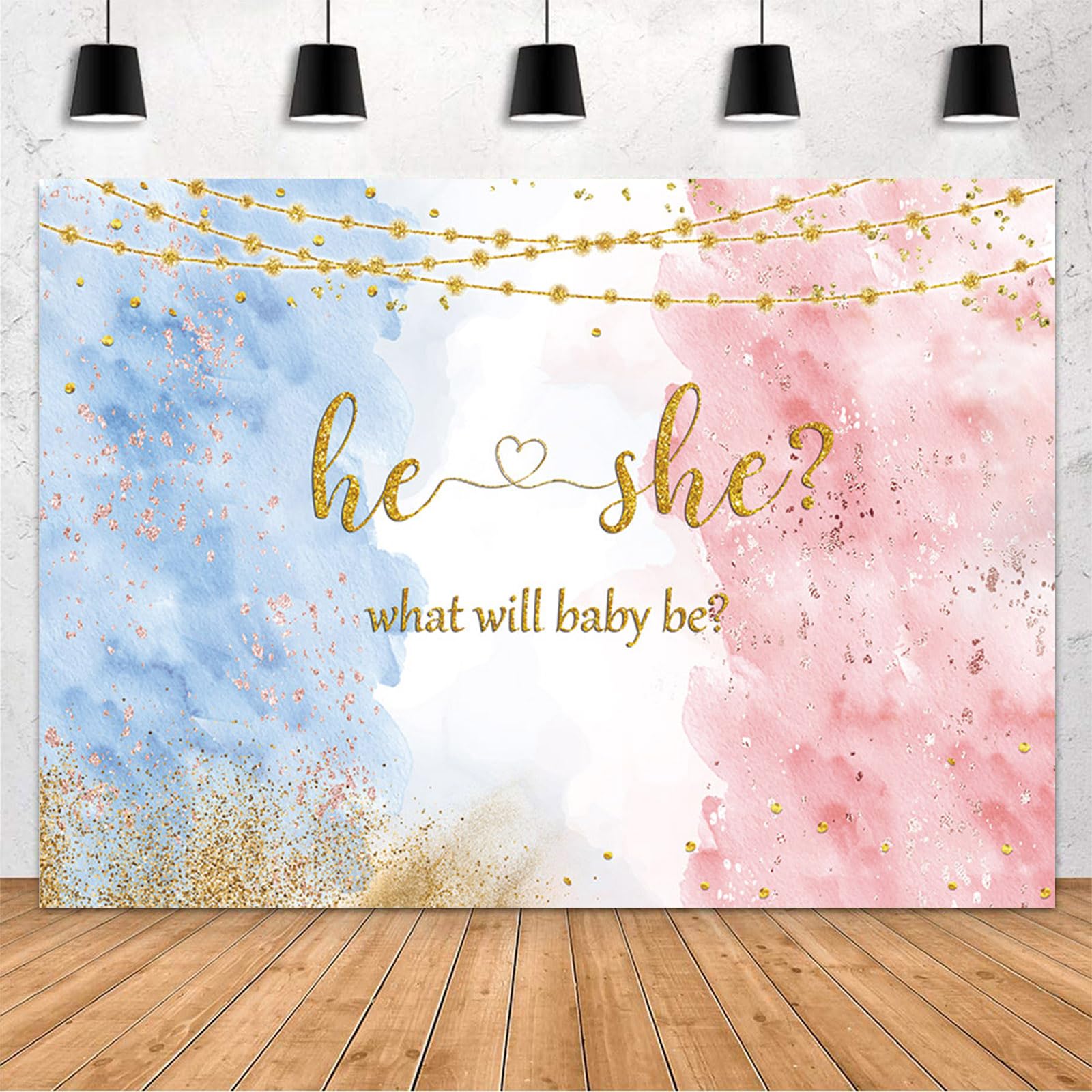 MEHOFOND 7x5ft Blue Pink Gender Reveal Backdrop He or She Party Decoration Photography Background Watercolor Rose Gold and Navy Blue Boy or Girl