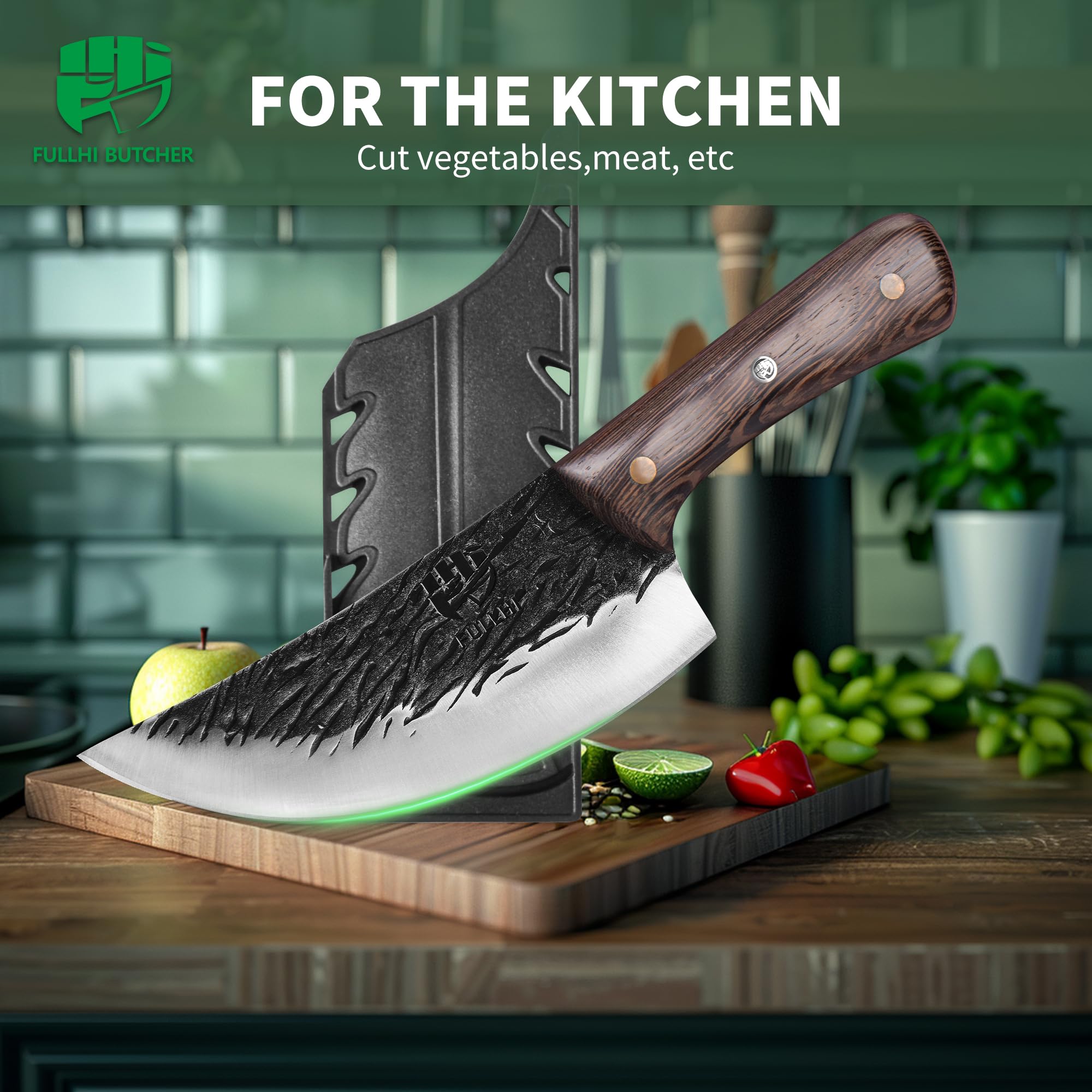 FULLHI Manico in legno Mannaia per carne pesante con fodero 2 pezzi, affettatrice in acciaio ad alto tenore di carbonio per la casa, il campeggio e il barbecue (Marrone, 17cm)