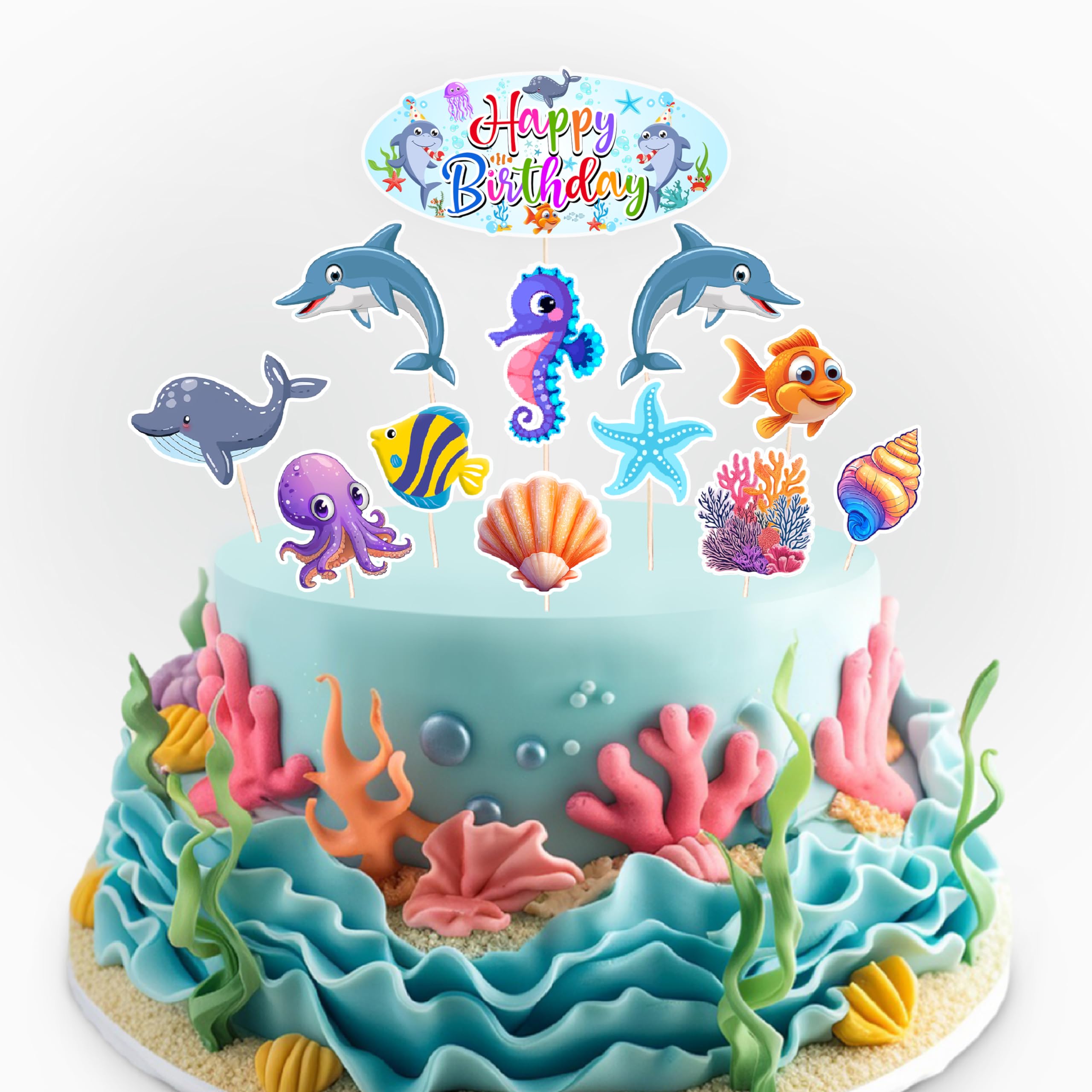 Under the Sea Theme Cake Topper- 12 Piece Set | Cute Under the Sea Cake Toppers for Kids' Birthday Celebrations, Perfect for Ocean-Themed Parties, Easy-to-Use Cake Decoration
