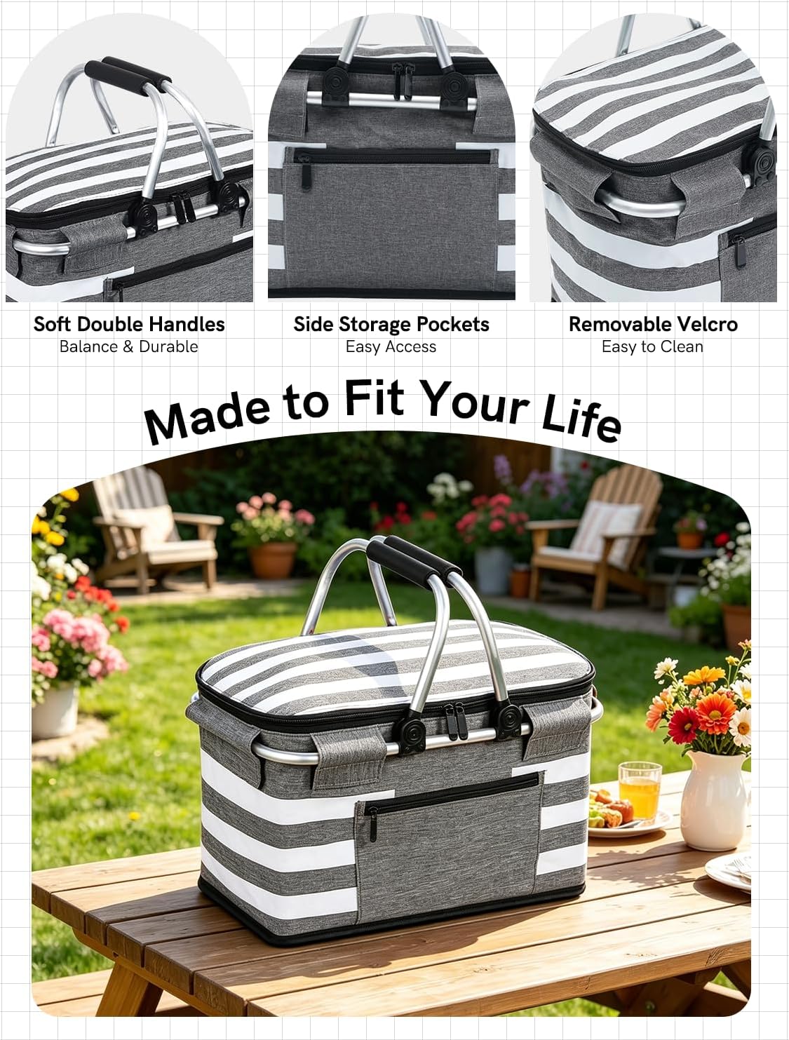 Insulated Picnic Basket,Leak-Proof Collapsible Cooler Bag,26L Grocery Basket with Lid,2 Sturdy Handles,Storage Basket for Picnic,Food Delivery,Take Outs,Market Shopping,Travel (Gray)