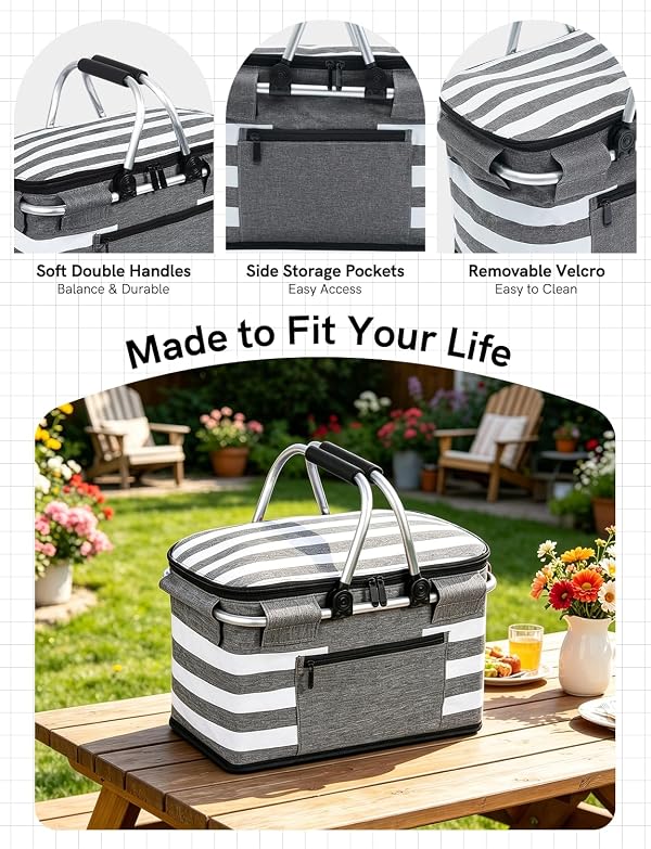 KEFOMOL Insulated Picnic Basket,Leak-Proof Collapsible Cooler Bag,26L Grocery Basket with Lid,2 Sturdy Handles,Storage Basket for Picnic,Food Delivery,Take Outs,Market Shopping,Travel (Gray) by KEFOMOL - Image 5