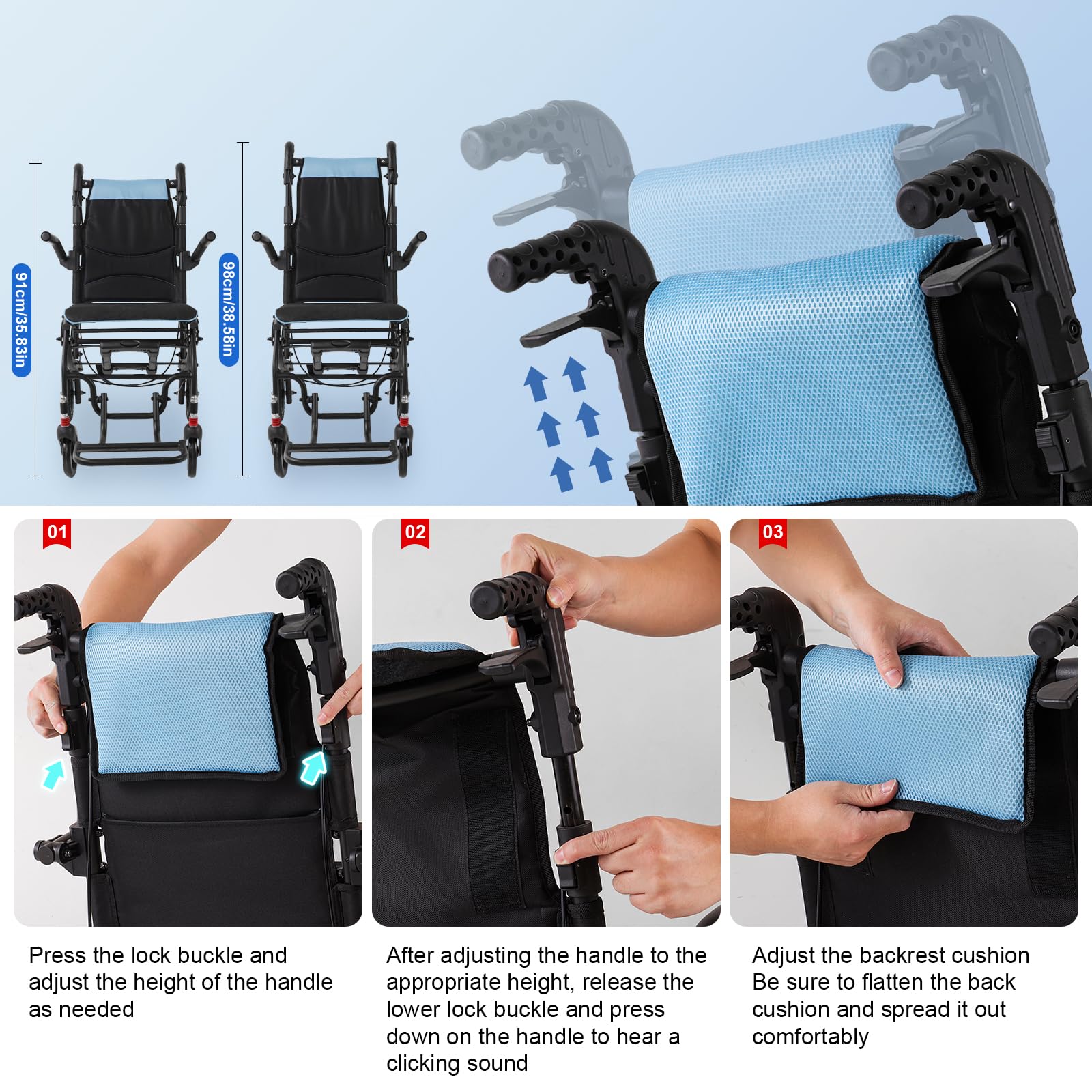 Fauteuil Roulant pliable léger, avec manche télescopique, Hauteur réglable,Poids 11kg, pliable, Holds 100kg, Largeur Max 55cm étroit pour les personnes âgées, Voyage