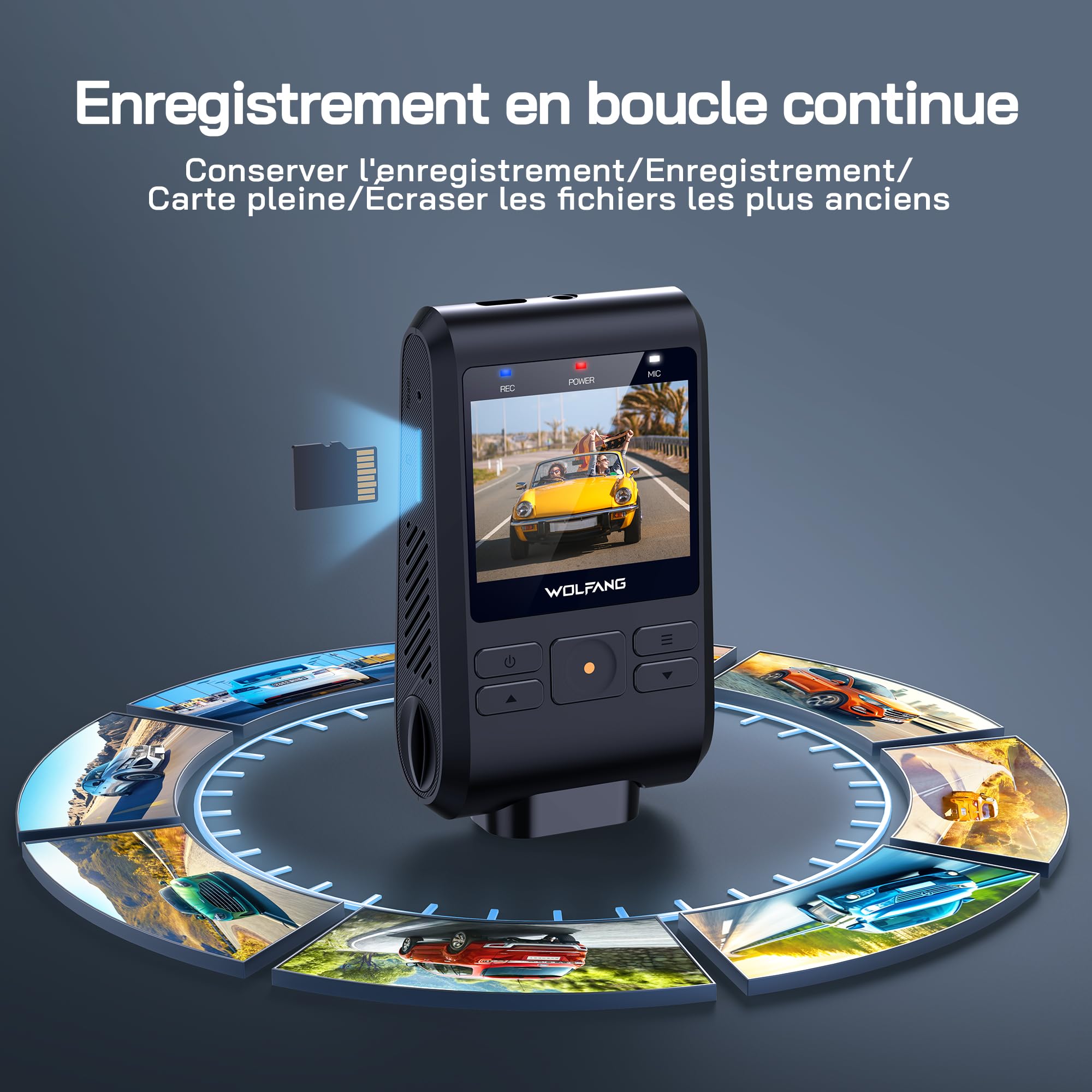 WOLFANG 2.5K Dashcam Voiture, Wi-FI Caméra Voiture, IPS 2" Grand Angle 170°, G-Capteur, Mode Stationnement 24H, Vision Nocturne, Enregistrement en Boucle