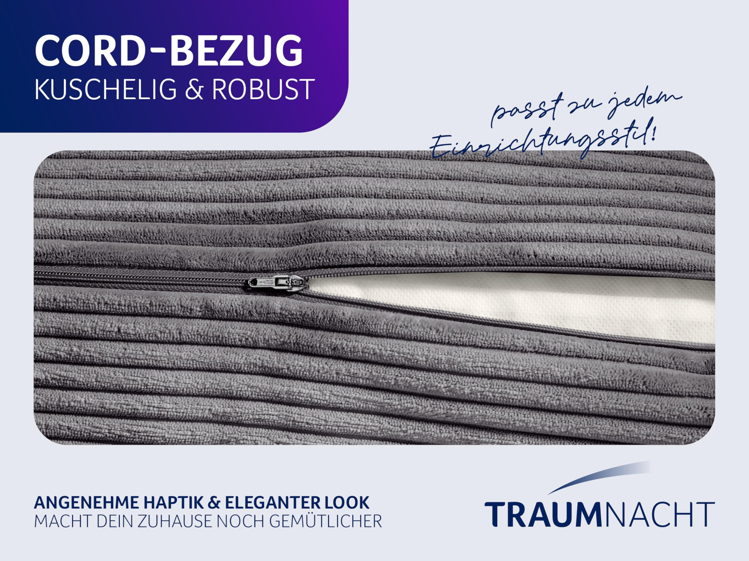 Traumnacht Cozy Rückenkissen, Lesekissen,70x40cm, dunkelgrau,abnehmbarer,waschbarer Bezug aus gemütlichem Kord, praktisches Seitenfach, Öko-Tex zertifiziert,produziert nach deutschem Qualitätsstandard
