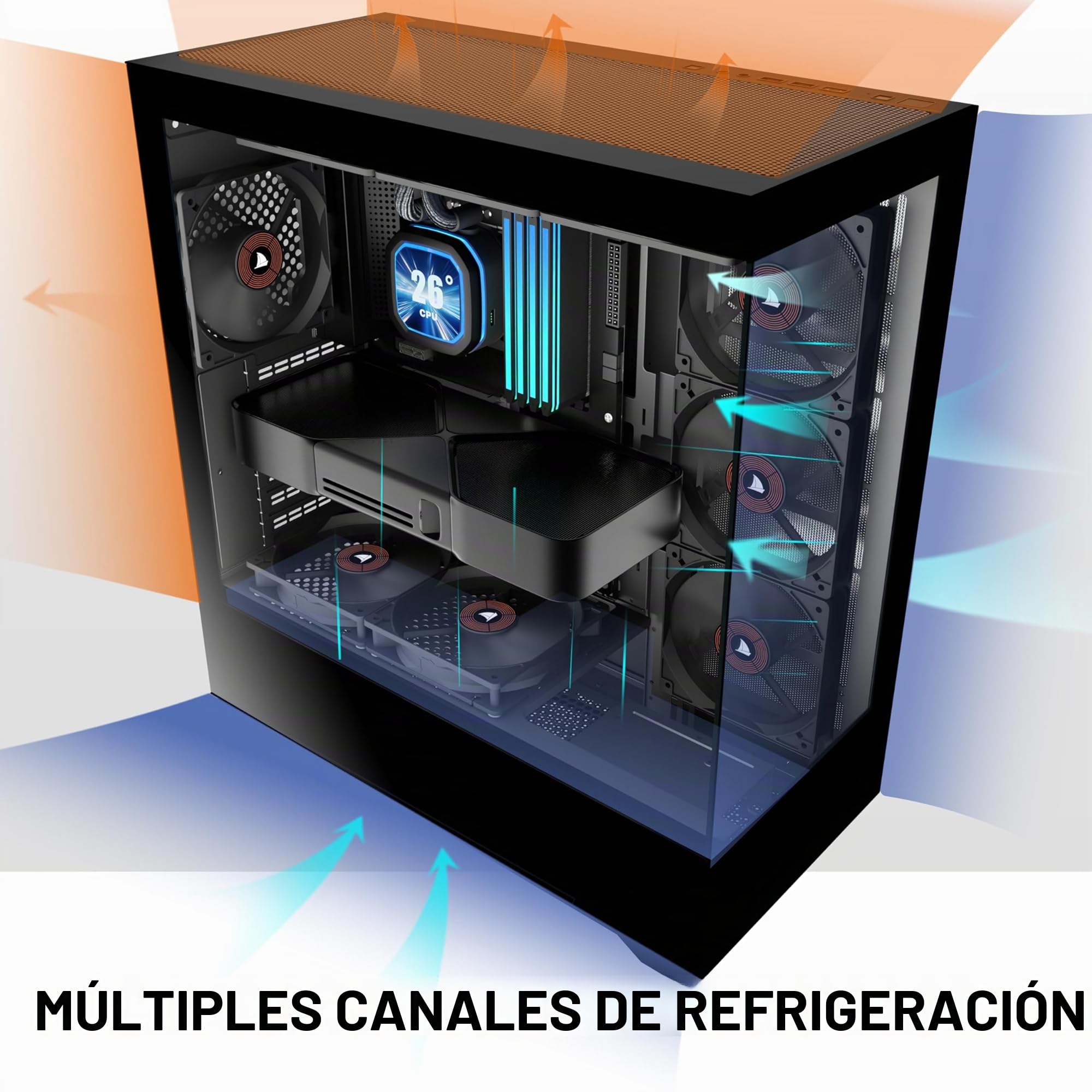 KEDIERS carcasa de ordenador preinstalada 4 × 120 mm, ventilador negro, ATX Mid Tower PC, vista panorámica, panel frontal de cristal templado, negro