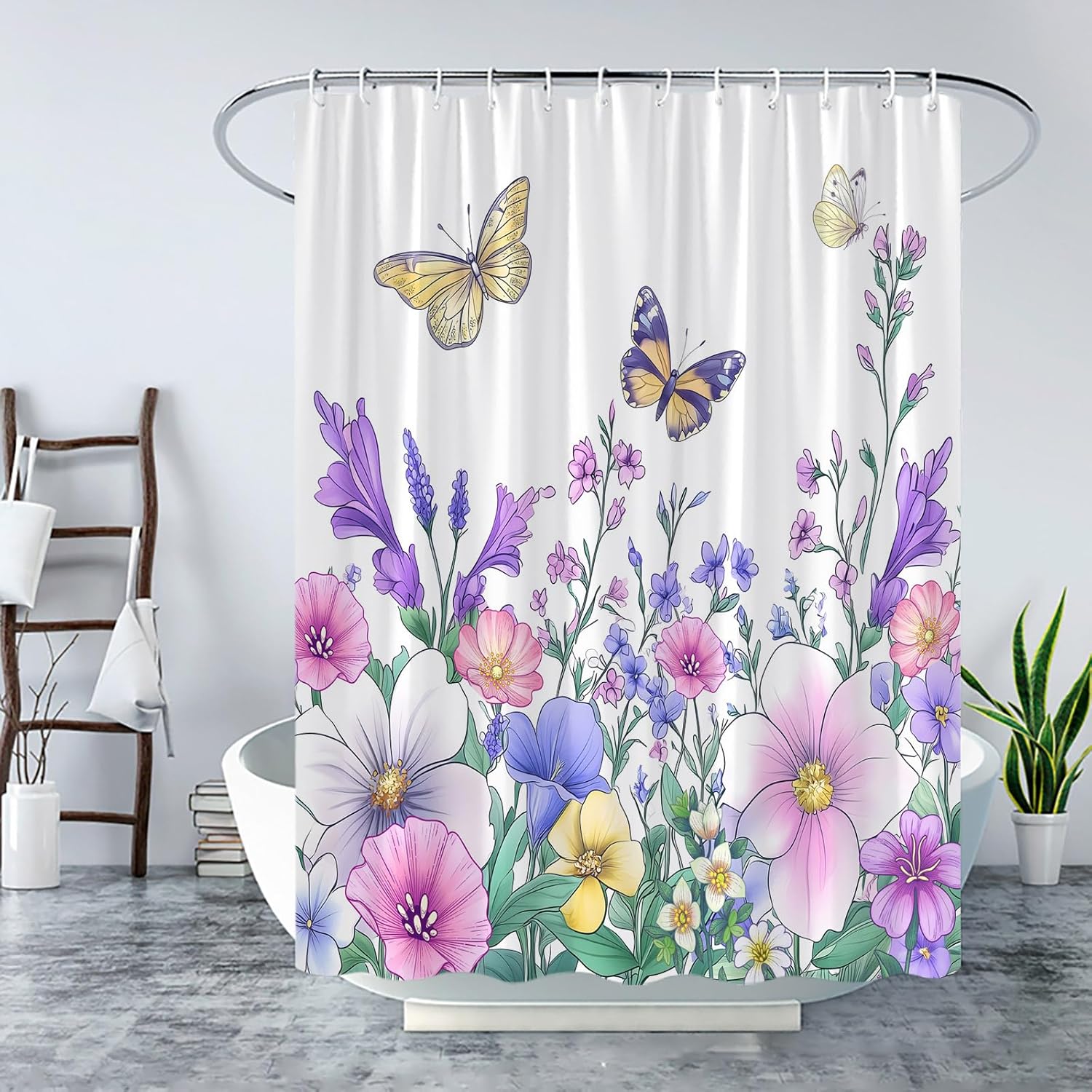 Watercolor Floral Shower Curtain Purple Flower Butterfly Spring Rustic Farmhosue Botanical Plant Wildflower Garden Modern Bathroom Curtains Decor with Hooks