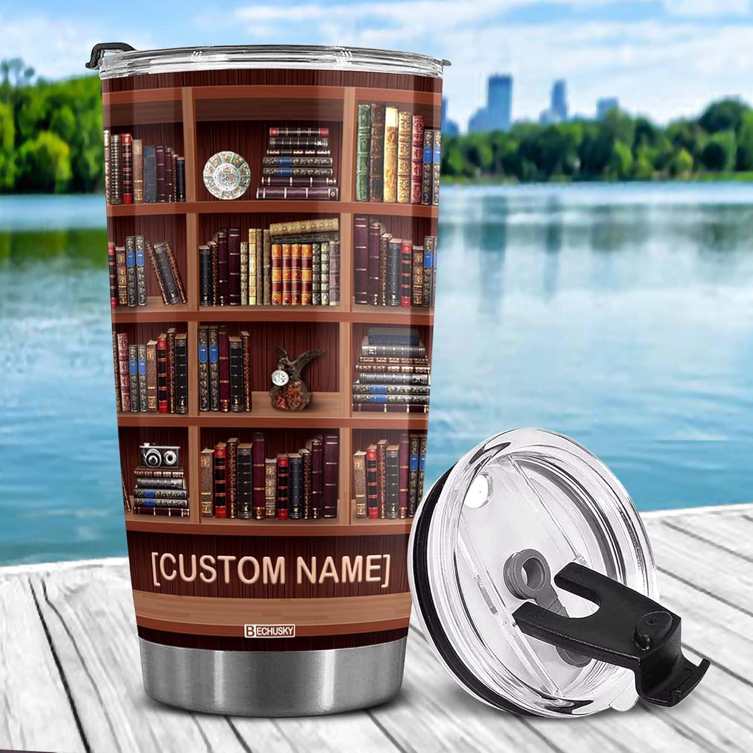 BECHUSKY Personalized Bookshelf Tumbler - Library Book Lover Gift for Readers, Bookworm, Men, Women - Birthday, Christmas, Anniversary
