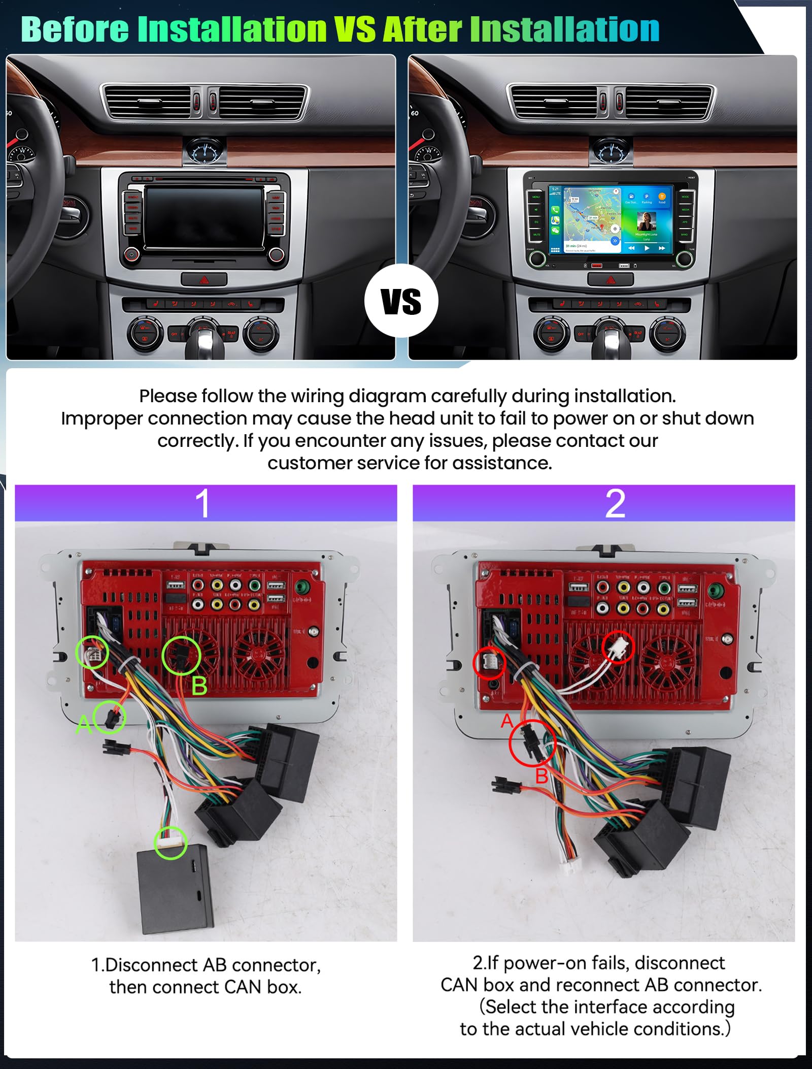 CAMECHO Samochód samochodowy 7" Carplay VW do Golf 5 6 Polo Passat Seat Touran Skoda Tiguan z kamerą cofania, radio Bluetooth z bezprzewodowym systemem Android Auto FM RDS 2USB EQ Sound SWC + ekran