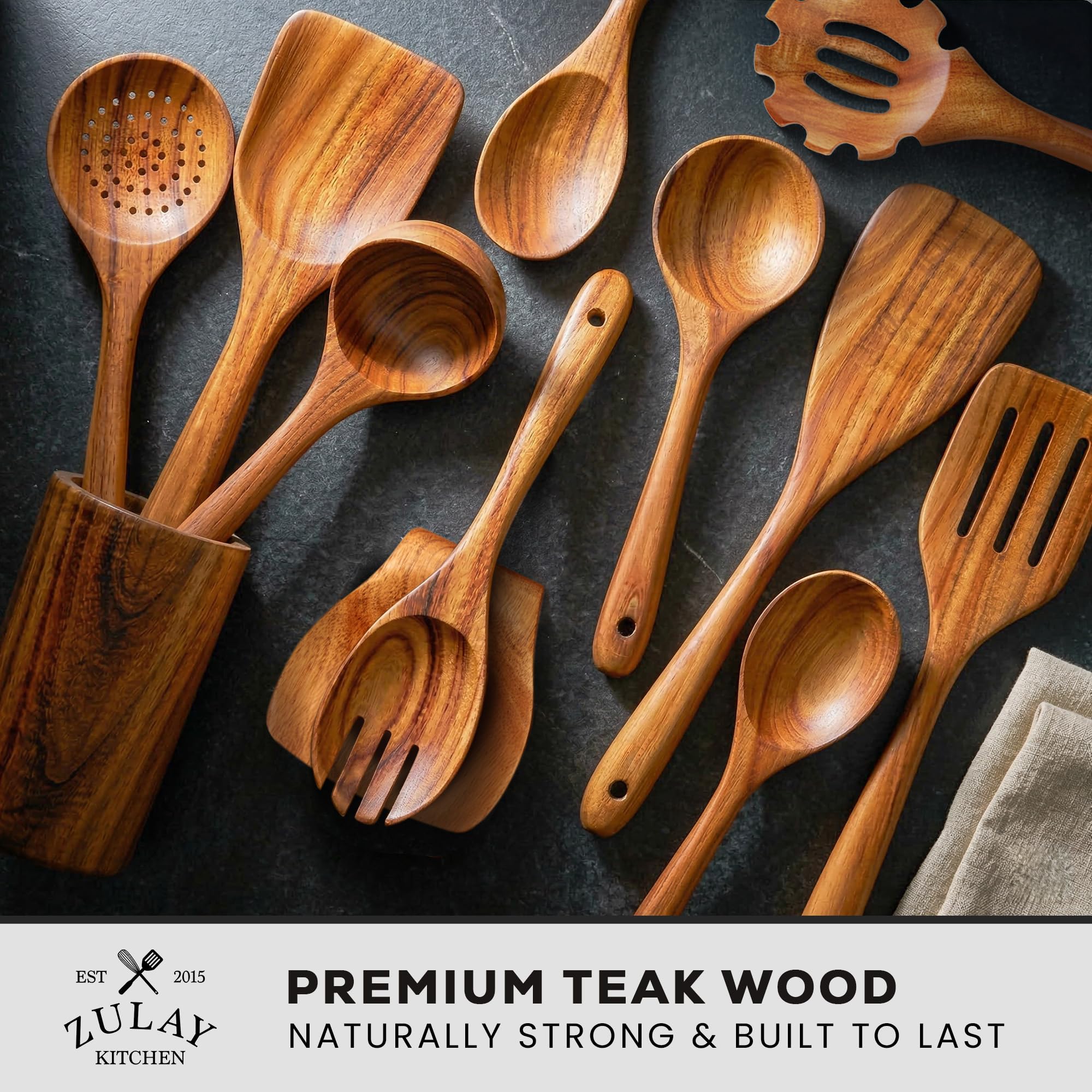Zulay Kitchen Utensili da cucina in legno di teak naturale, 12 pezzi, con confezione regalo di alta qualità, cucchiai in legno antiaderenti per cucinare, set regalo da cucina, set di utensili in legno