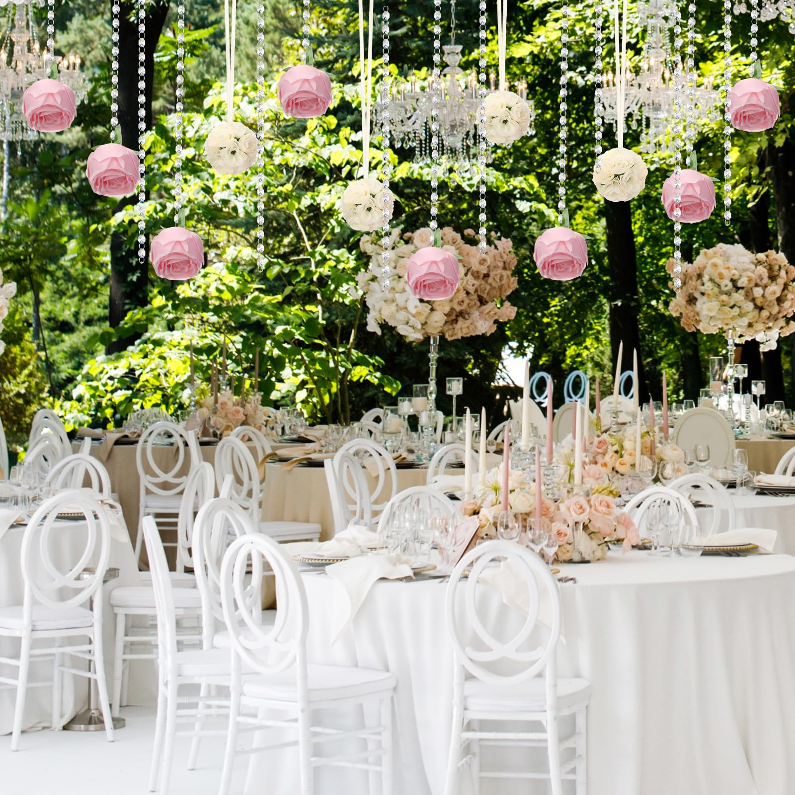 Juego de 19 decoraciones de mesa de boda, centros de mesa, 8 rosas artificiales, 4 bolas de flores besadas con 6 gemas acrílicas de cristal, guirnalda de cuentas de 1 hilo para decoraciones de