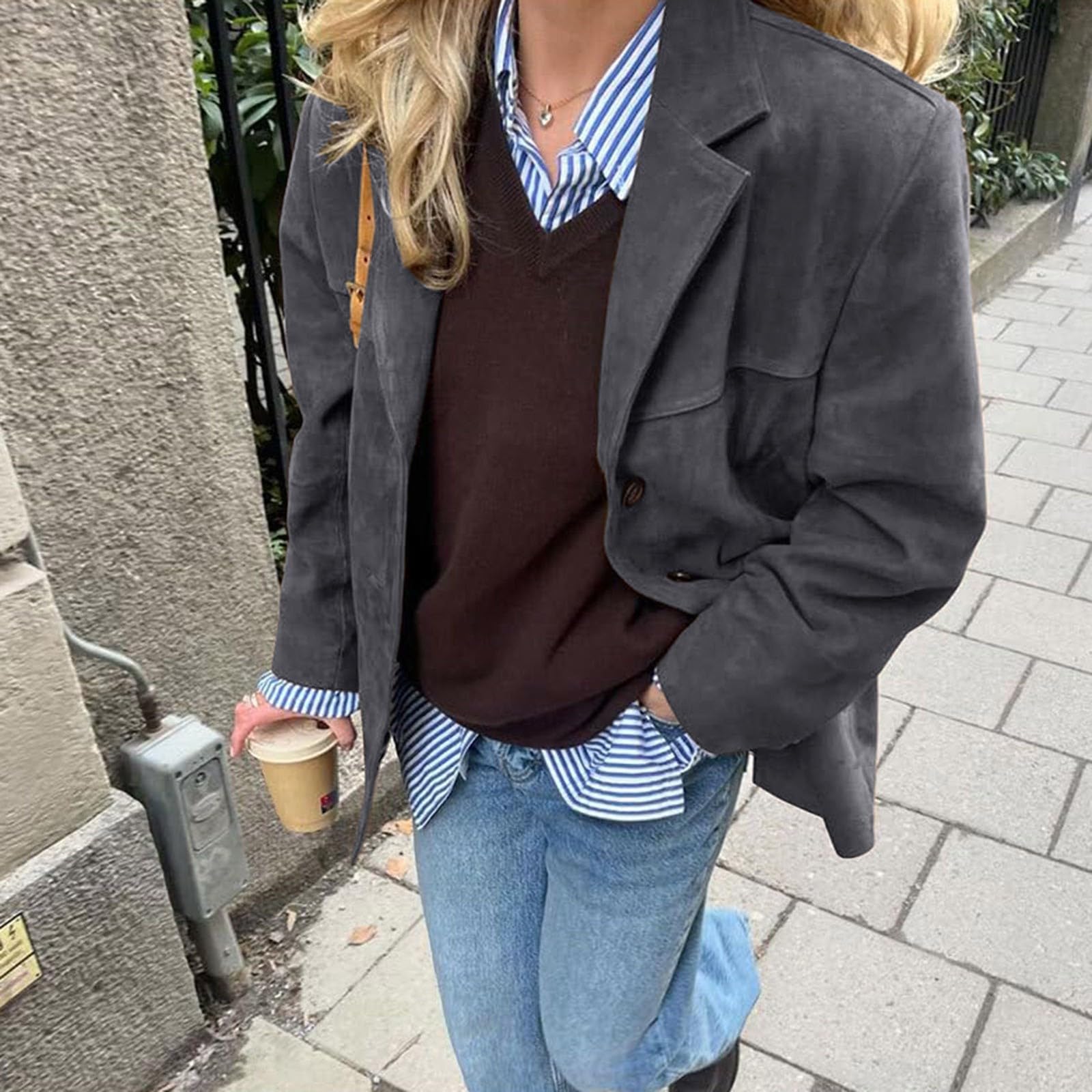 Generisch Anzugjacke Sportlich Elegant Sakko Vintage Wildlederjacke Damen