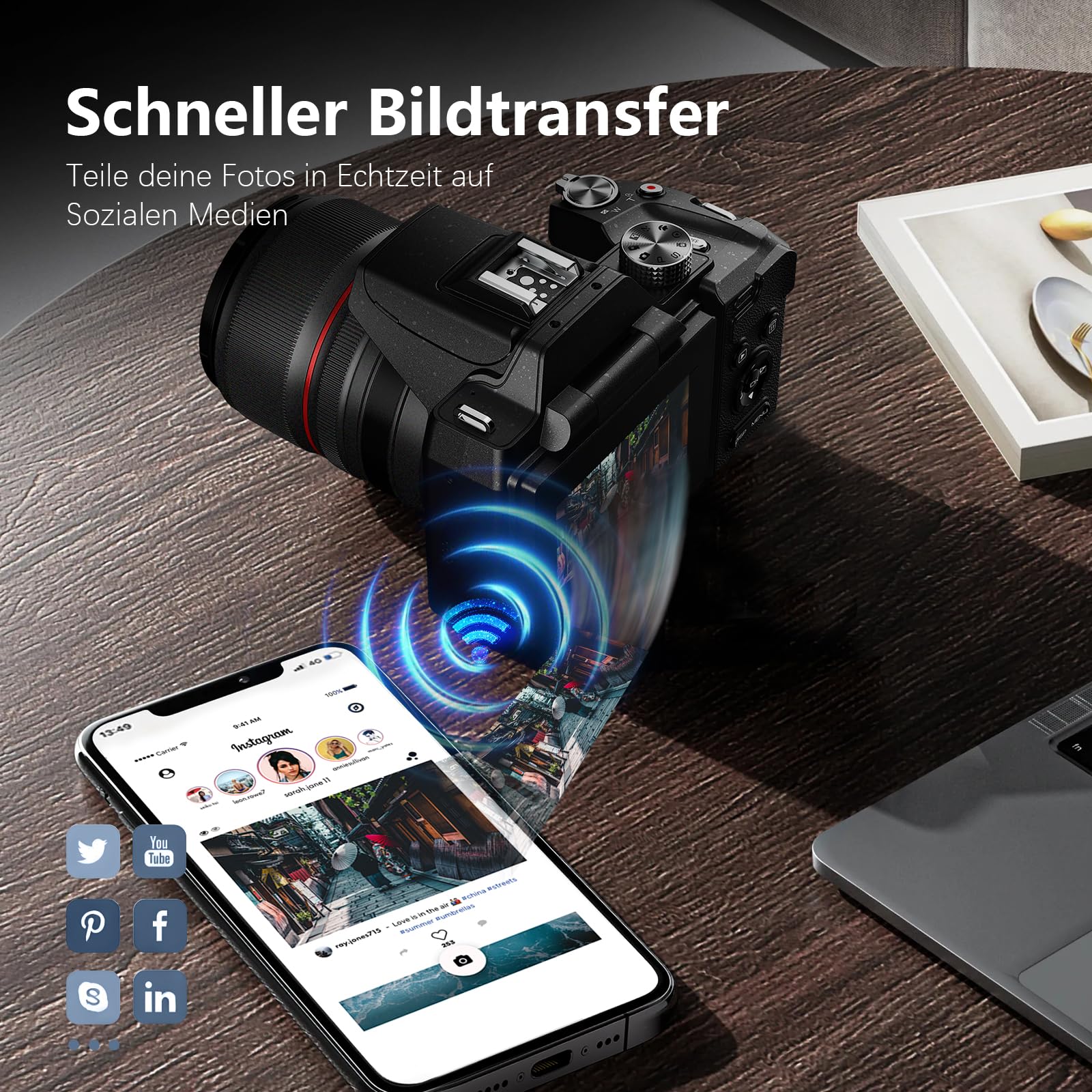 8K & 64MP Digitalkamera für Fotografie, 48X Zoom (16X Optisch + 3X Digital) mit Mondmodus, 180° Klappdisplay, WLAN, Micro-HDMI, inkl. 32GB TF-Karte & 2 Akkus – Vlogging Kamera für YouTube (Schwarz)