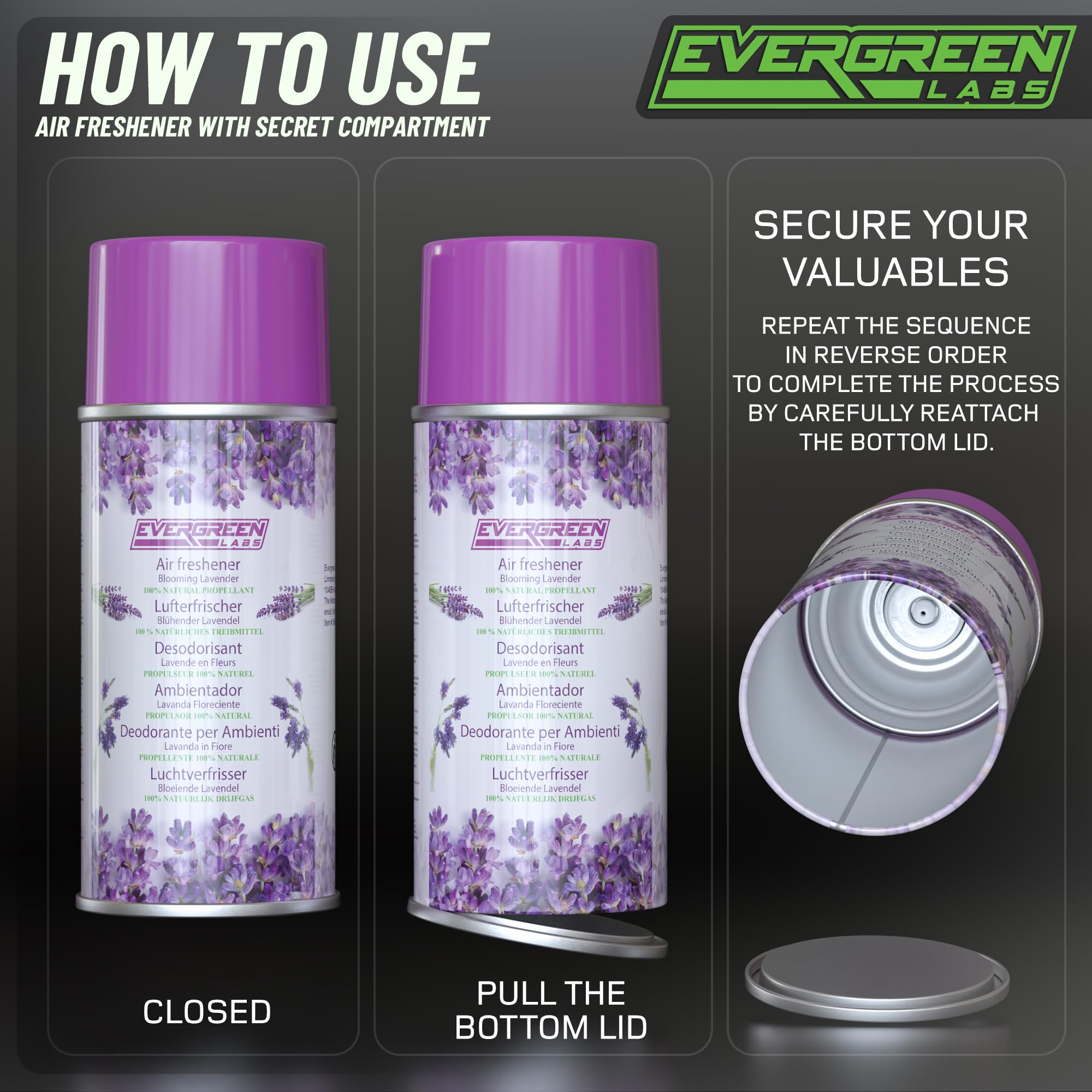 Désodorisant Evergreen Labs avec compartiment secret : votre cachette idéale pour vos objets de valeur, à la maison ou en voyage ! Grand compartiment secret, 6 cm x 13 cm.