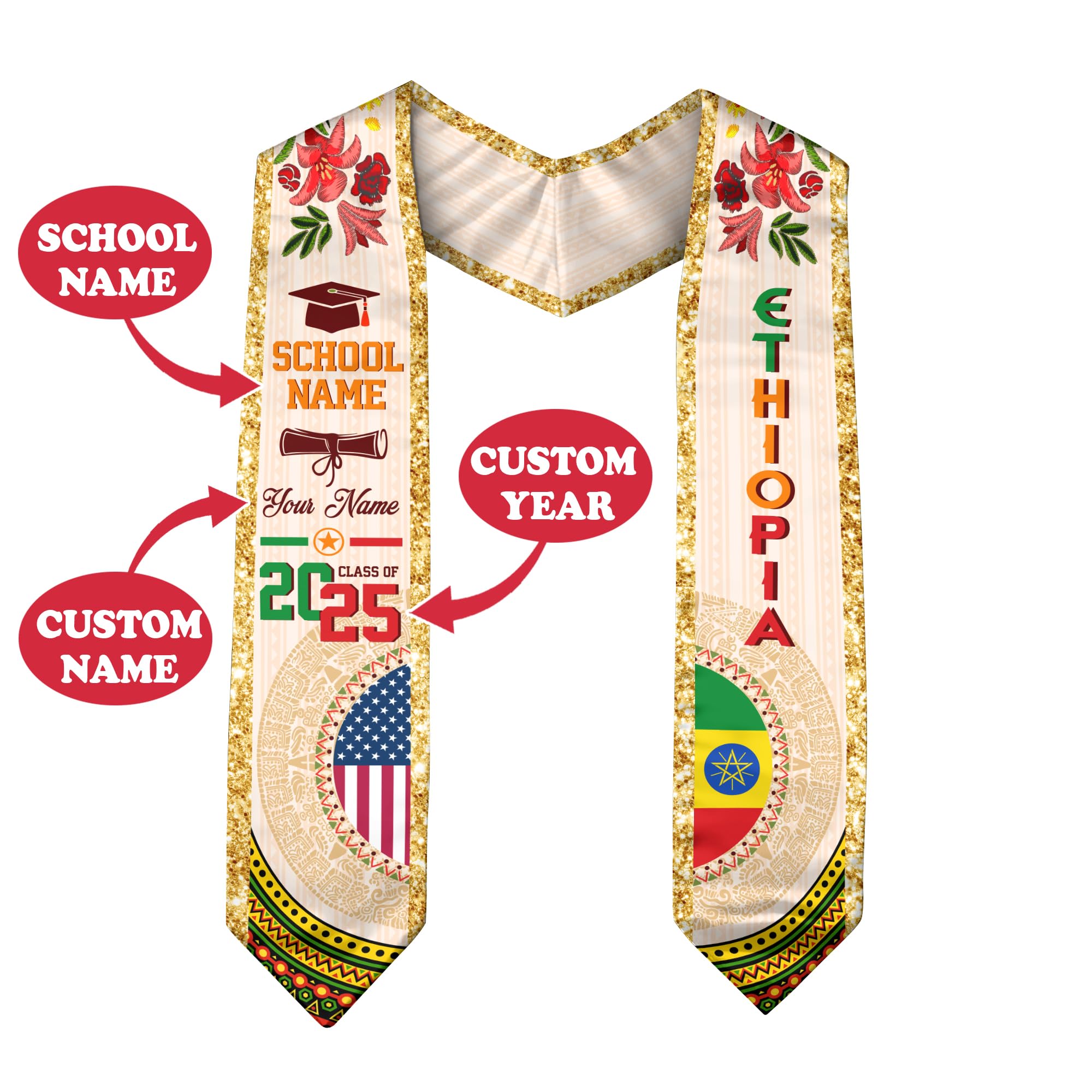 Custom Ethiopian Graduation Sash, Ethiopia Graduation Stole Customize, Ethiopian American Flag Graduation Sash 2025 2