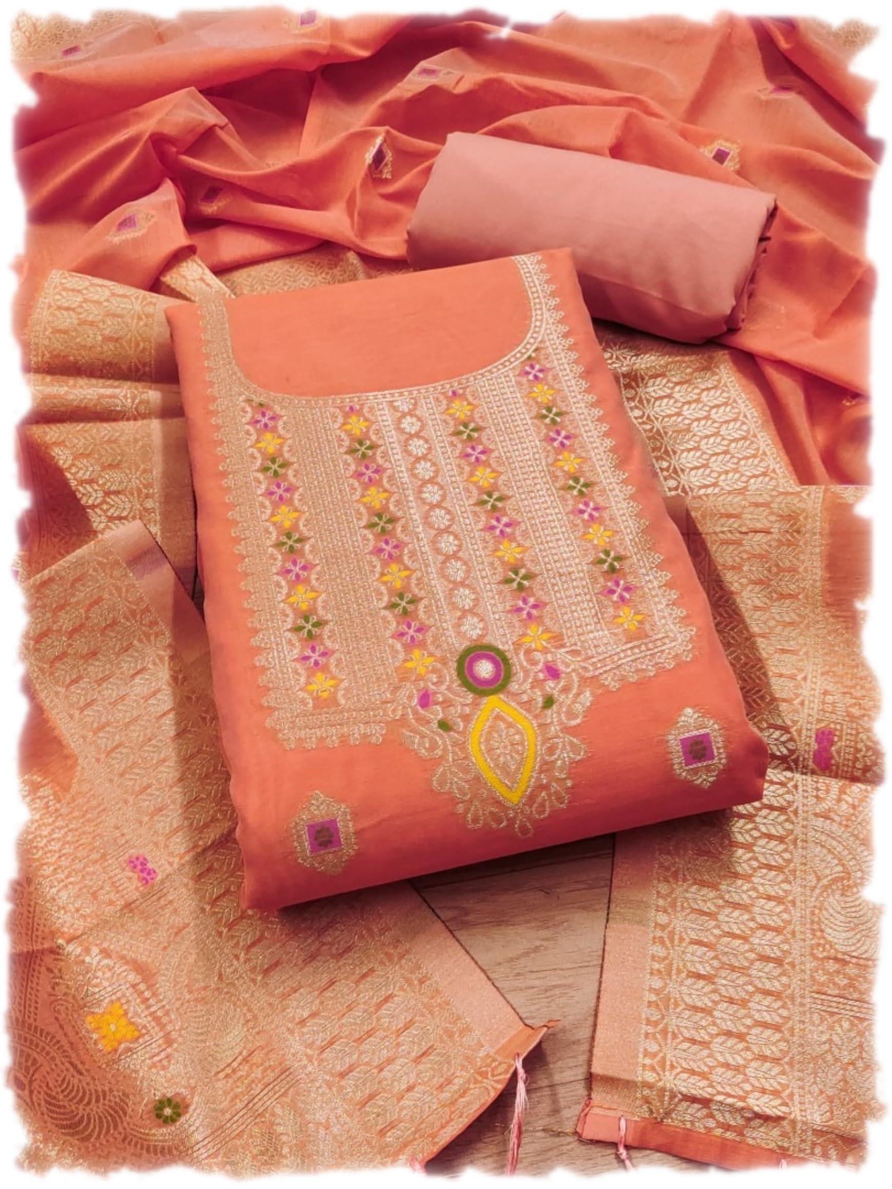 Chanderi Suit Vol 5 | Pure Chanderi Banarasi Silk (3m) | Soft Cotton Bottom (2.5m) | Woven Chanderi Banarasi Silk Dupatta (2.3m) with Tassels, Unstitched Material, Fits up to 60”, Length 48