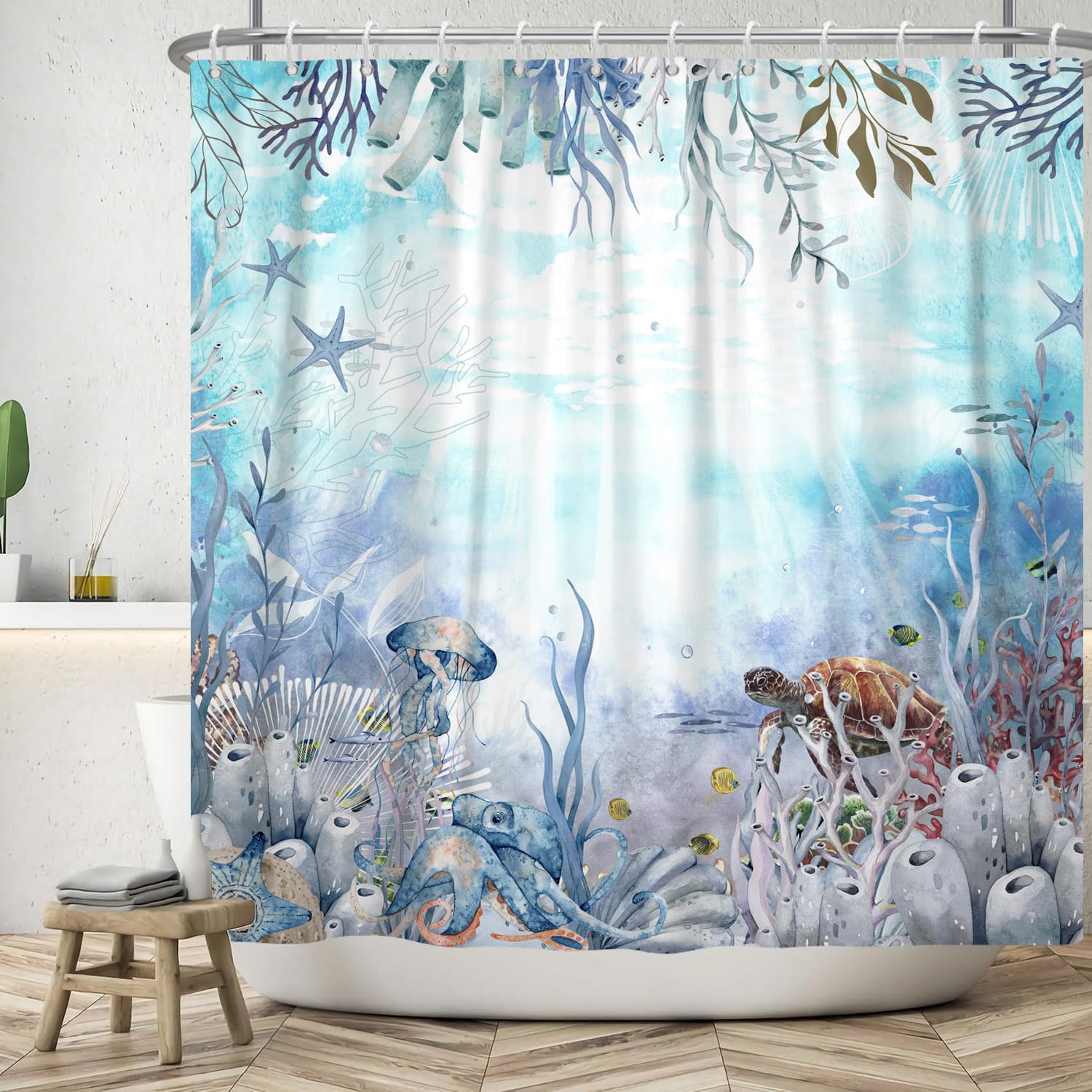 ASDCXZ Ocean Shower Curtain 120x200 cm, Watercolor Blue Underwater World Turtle Jellyfish Octopus Coral Washable Shower Curtains Polyester Textile Waterproof Shower Curtain for Bathtub with 8 Hooks — image 1