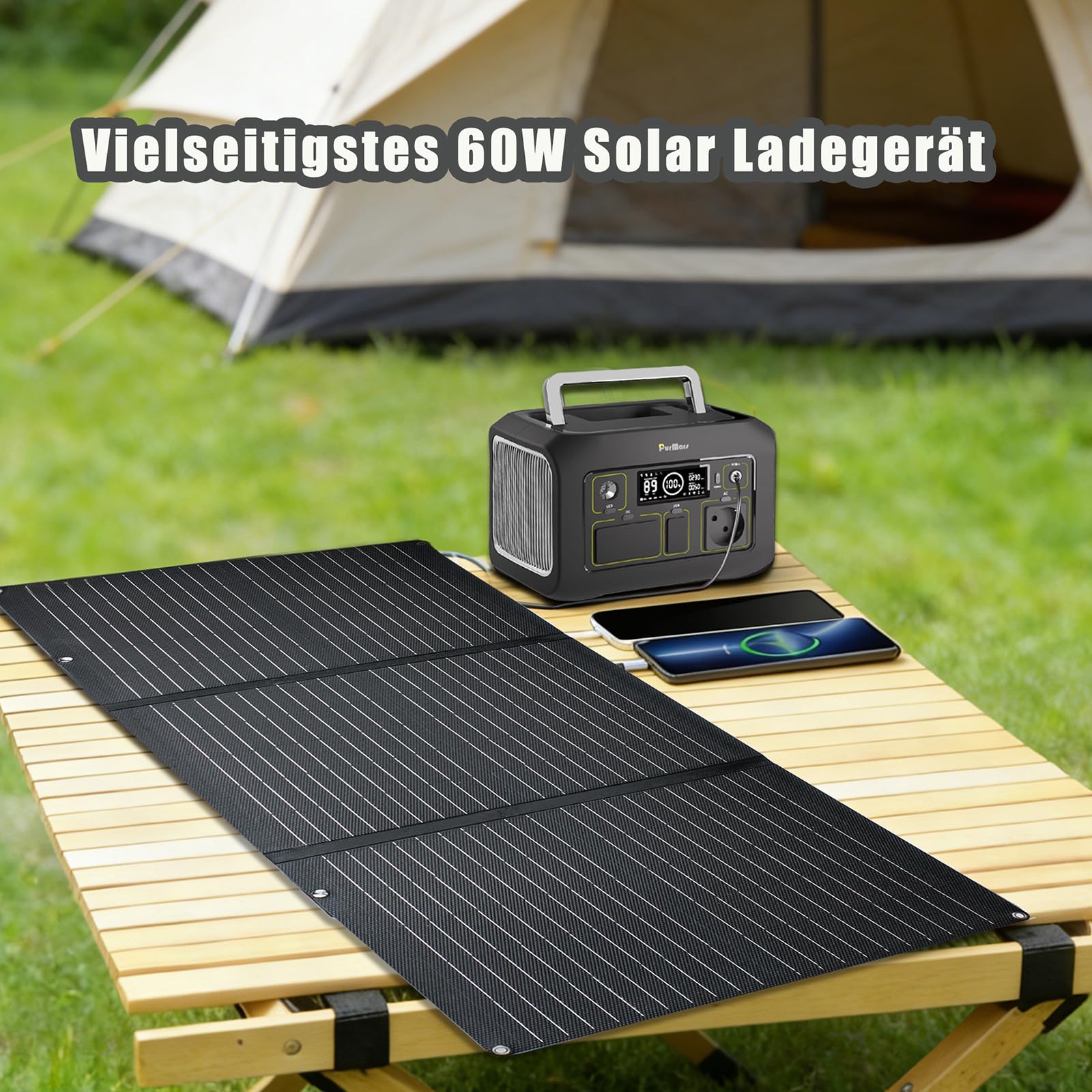 60W Tragbares Faltbarer Solarladegerät mit Ständer,Faltbares Solarpanel mit USB-C,USB-A und DC-Ausgängen,für Wandern,Camping,Notstromversorgung für Kleine Stromgeneratoren,Powerbanks,Telefone