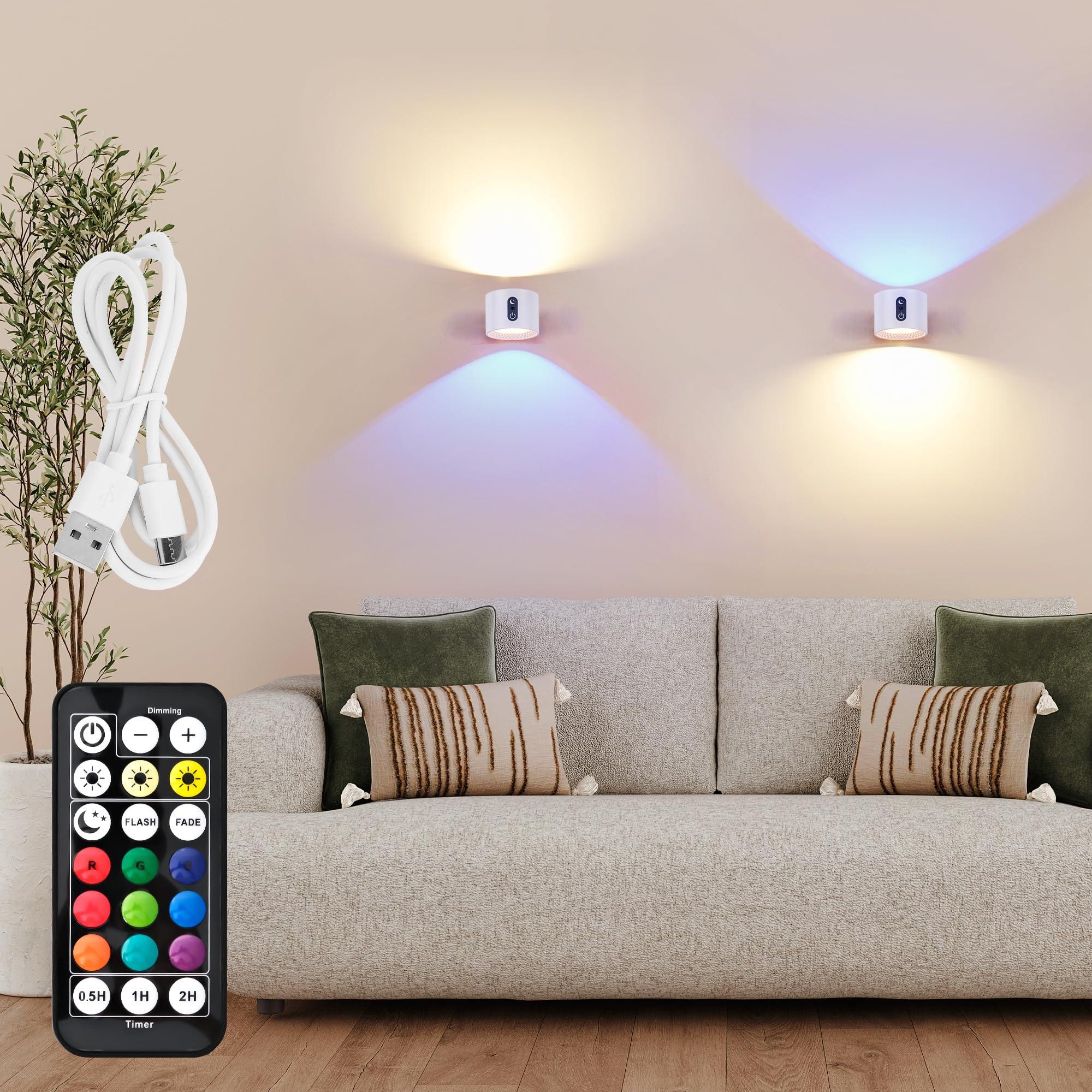 LuminexDesigns 2-Pack Rechargeable LED Wall Light, Wireless No-Drill RGB Lamp White, Stick-On Indoor Cordless Sconce with Remote Control & Touch Dimming Timing for Bedside Kitchen Picture AURI WL01