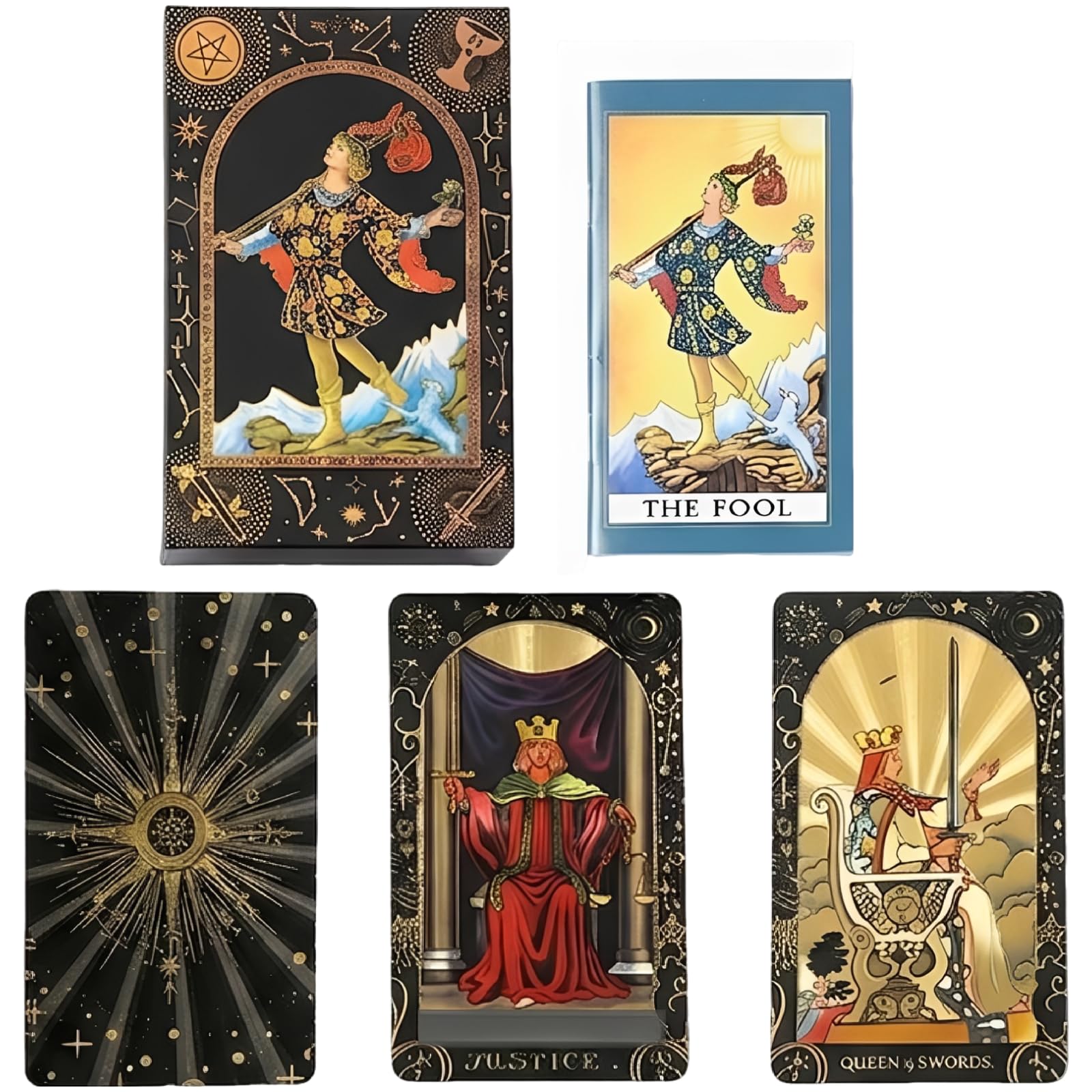 78 Karten Tarotkarten-Set aus schwarzem PET mit Goldfolie, klassischen Designs, PVC-Karten, Kartenständer, englischer Anleitung, Geschenkbox 5,4 x 3,3 x 1,9 in für Anfänger und Experten
