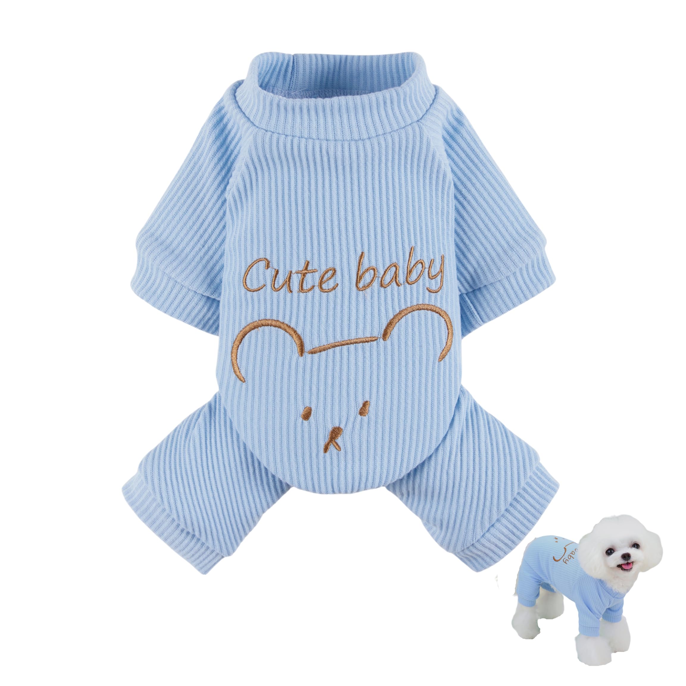Loyanyy Cotton Dog Pajamas Warm Dog Sweater Cute Doggie Onesie Stretchy Cat pjs Winter Jumpsuit for Girl Boy Stylish 4 Legged Puppy Kitten Clothes Blue Small