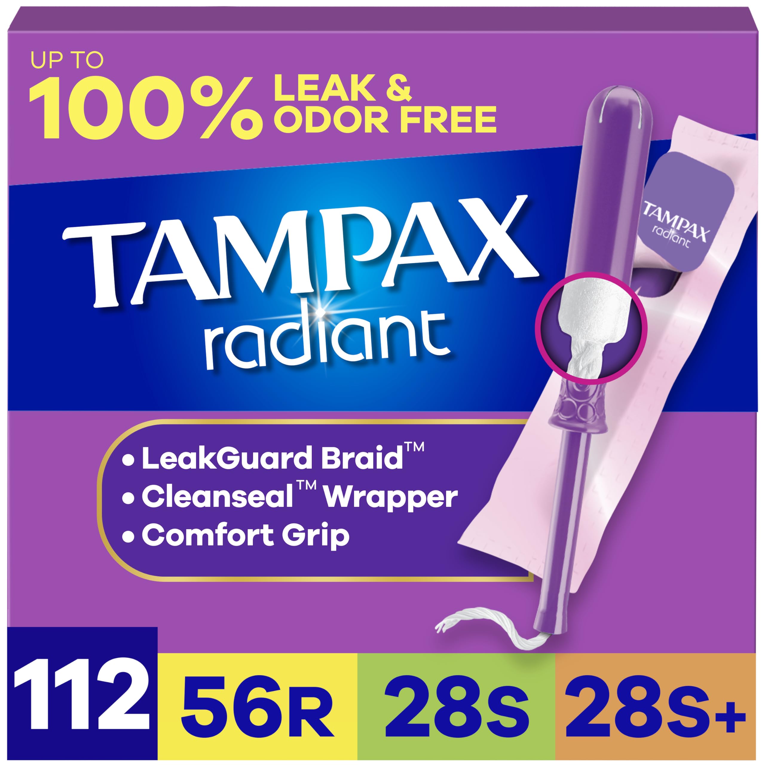 Tampax Radiant Tampons Multipack, Regular/Super/Super Plus Absorbency, With Leakguard Braid, Unscented, 28 Count X 4 Packs (112 Count Total)