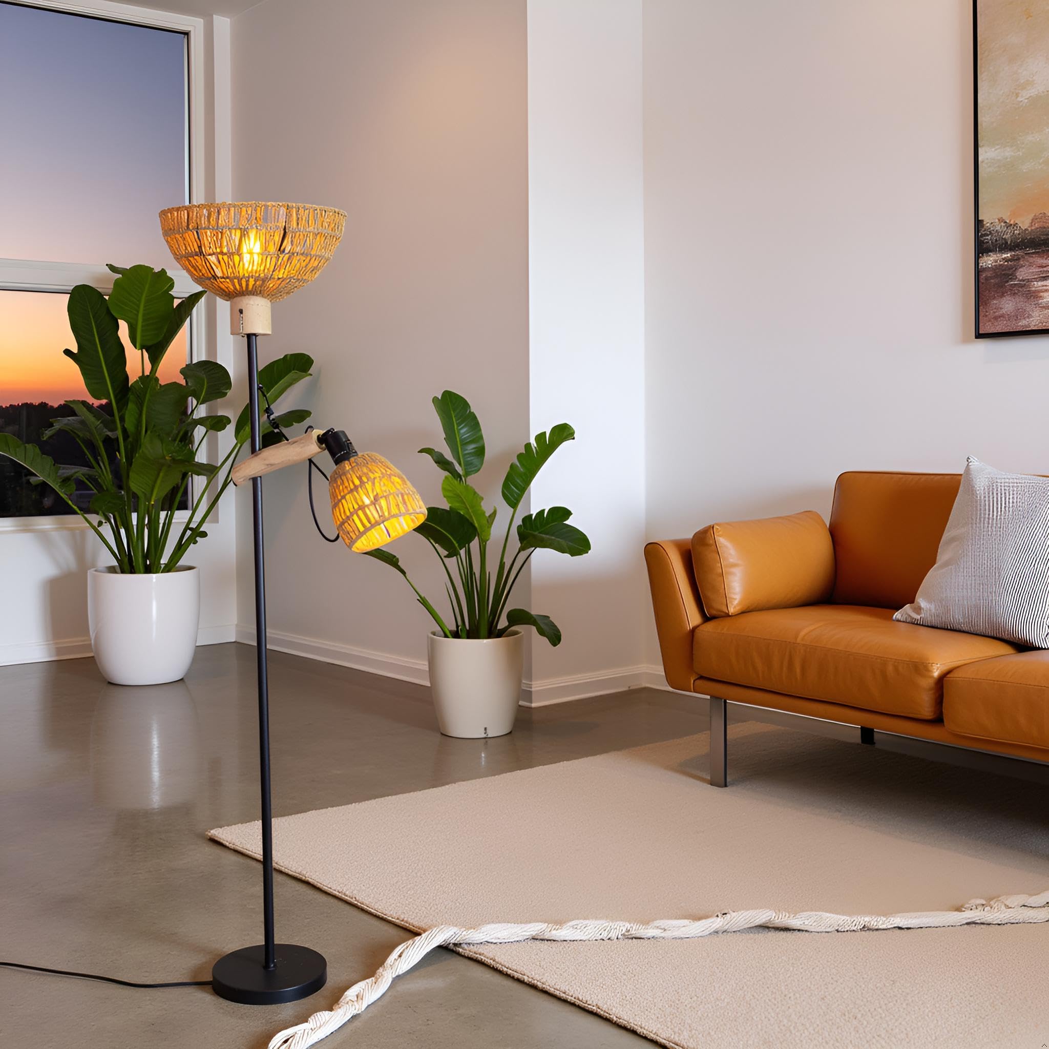 Stehlampe-2 schirm Wohnzimmer,Boho Rattan Stehlampen im Industrial Design mit Metall und Holz,Schalter,Höhe:163cm,Ohne Glühbirnen