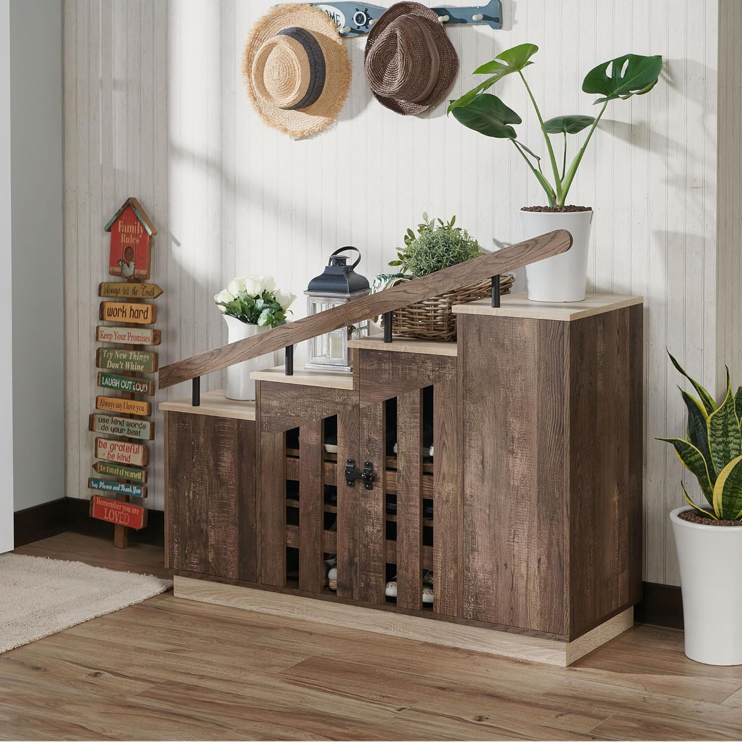 HOMES: Inside + Out Cadence Farmhouse Hidden Shoe Cabinet Entryway, Hallway, Decorative Storage With Doors, Staircase-Style Enclosed Footwear Furniture, 12 Pair, 46 In. Width, Oak Brown