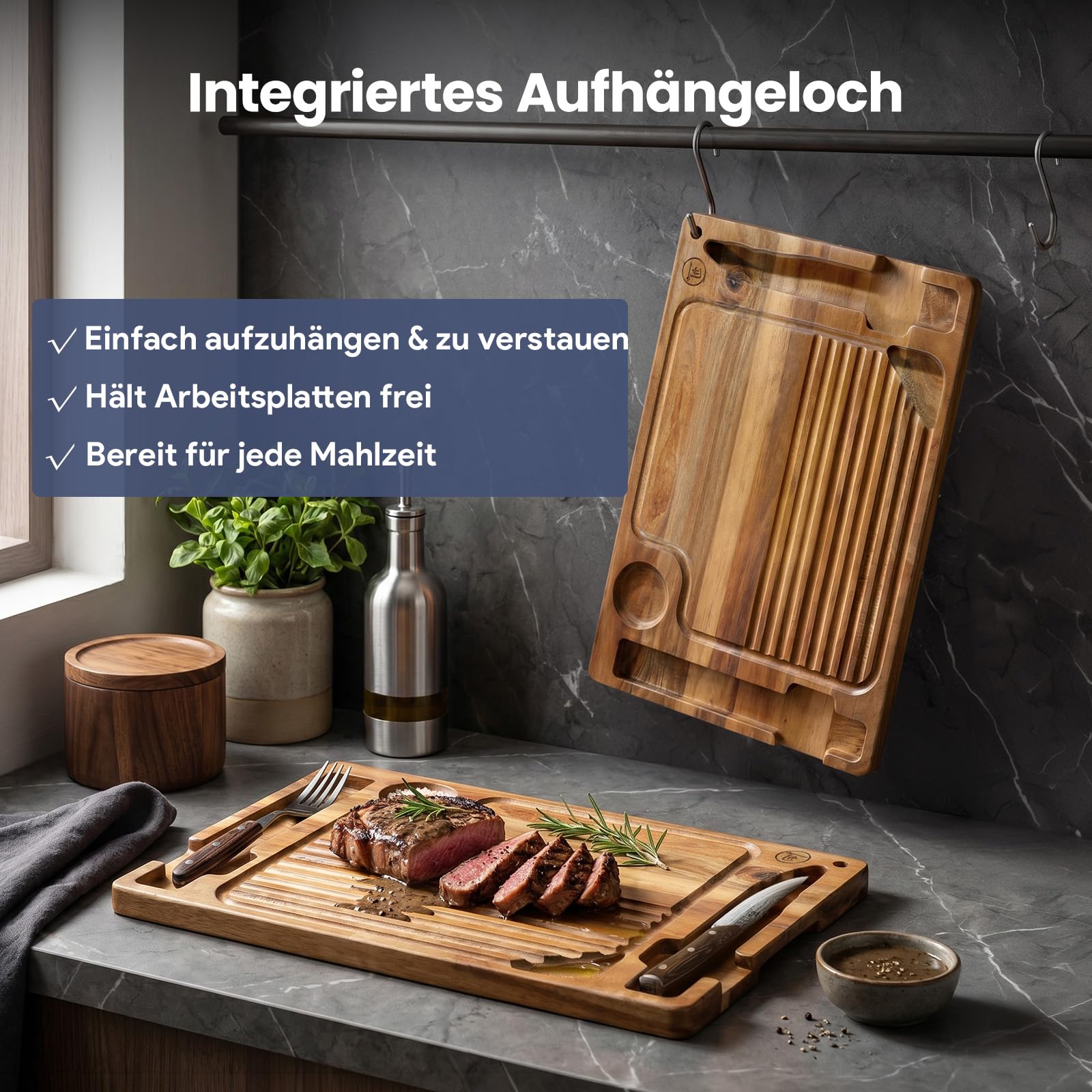 SYOKAMI Holz-Steakbrett-Set mit 1 glatten Steakmesser und 1 Gabel