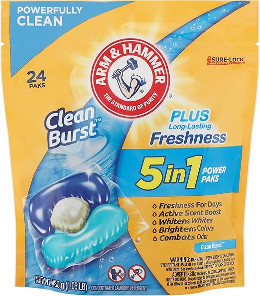 Arm & Hammer, 5 in 1 Power Paks Concentrated Clean Burst Laundry Detergent, 24 Count